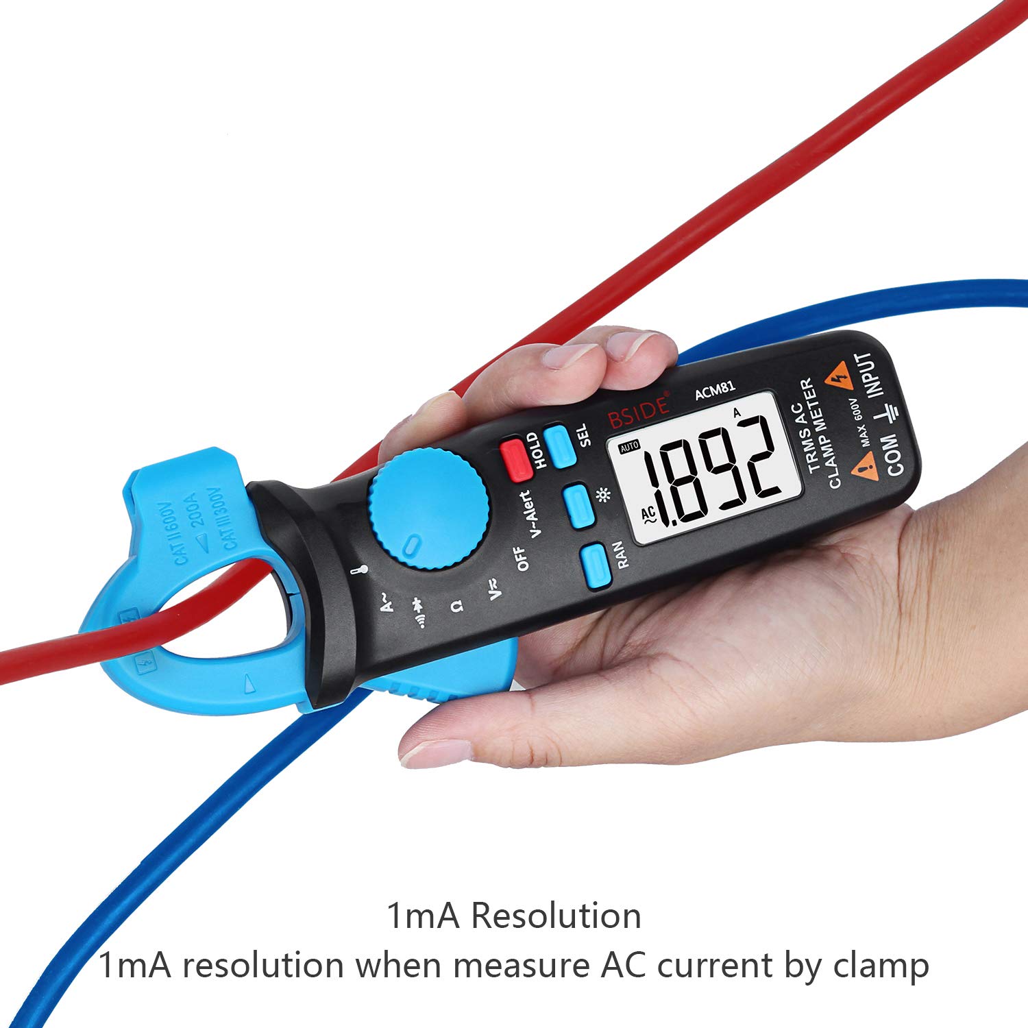 BSIDE ACM81 measuring AC current with 1mA resolution by clamping around a single wire.