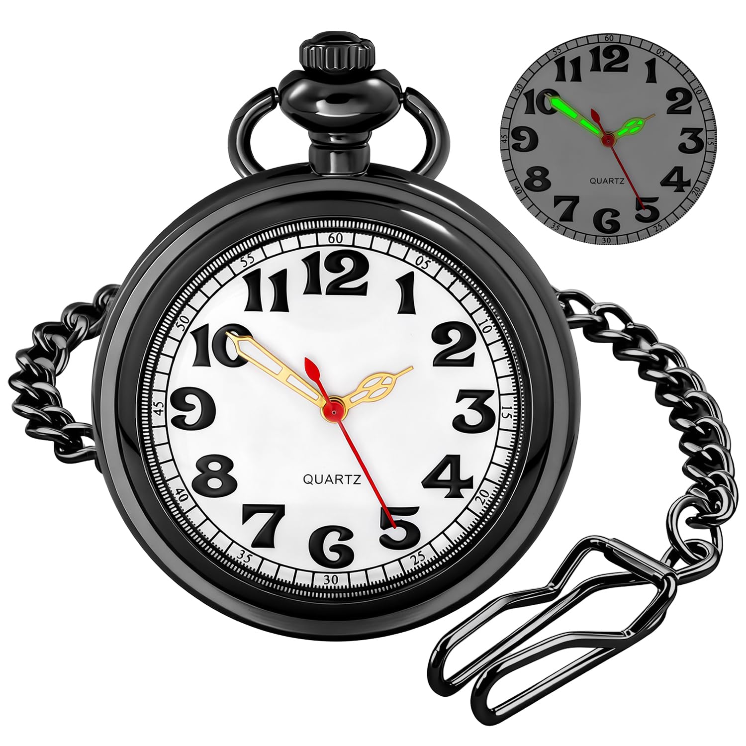 Black Classic Shiny Arabic Numeral Men's Quartz Pocket Watch, Quartz Movement with Chain-Black-image-32