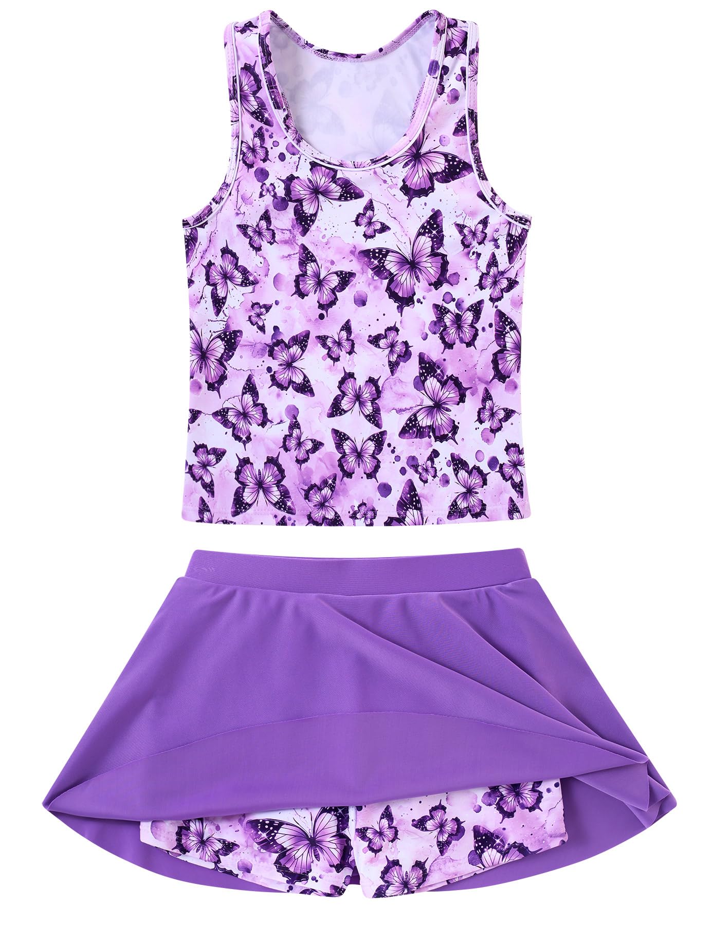 Vogseek Swimsuits for Girls Two Pieces Sleeveless Tankini Sets with Skirt Shorts Girl's UPF 50+ Summer Beach Purple Butterflyss Cool Bathing Suits 3D Printed Child Fun Rash Guard Swimwear, 7 8 Years