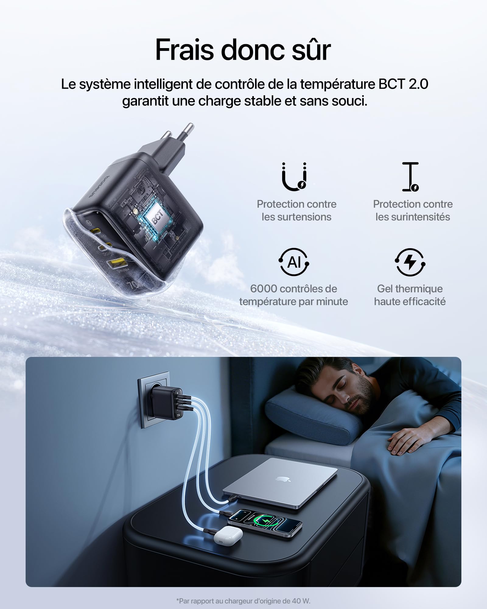 Baseus Enerfill Lot de 2 chargeurs USB C 70 W GaN6 à 3 Ports - Bloc d'alimentation Compact pour MacBook Air, iPhone 17/16/15 Pro Max, iPad Pro, Galaxy S25/S24, Pixel, Ordinateur Portable et Plus