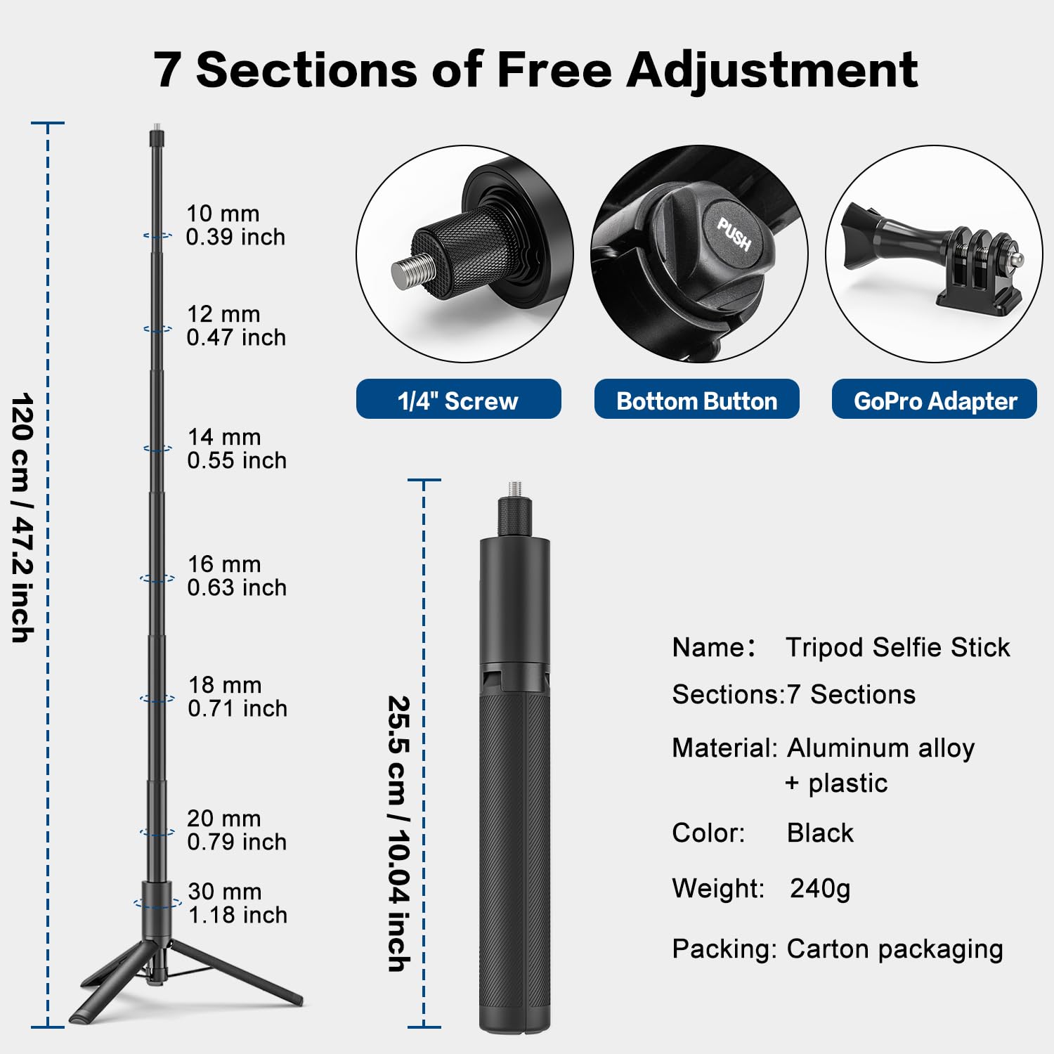 Wiseten Wysuwany Statyw Kijek do Selfie do GoPro Insta360, 120CM Wysuwany Uchwyt Selfie Vlog Przenośny Statyw Akcesoria do GoPro Hero 13 12 11 10 9 Black insta360 X3 X4 DJI Osmo Action 5 Pro