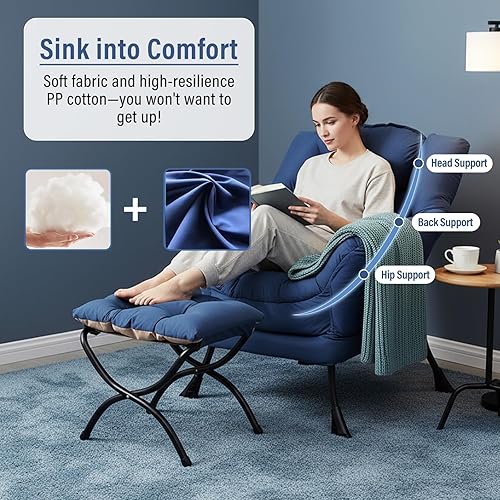Miniatura 5 de Silla Lazy con otomana, silla moderna con reposapiés plegable, silla de acento de salón, cómoda silla de lectura (azul rey)