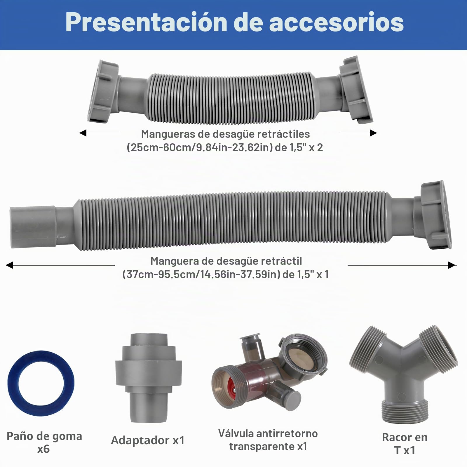 Kit de drenaje de doble fregadero flexible de 1 1/2 pulgadas con válvula de drenaje visual unidireccional, conector de 4 vías para baño, cocina, fregadero, lavavajillas, triturador de basura