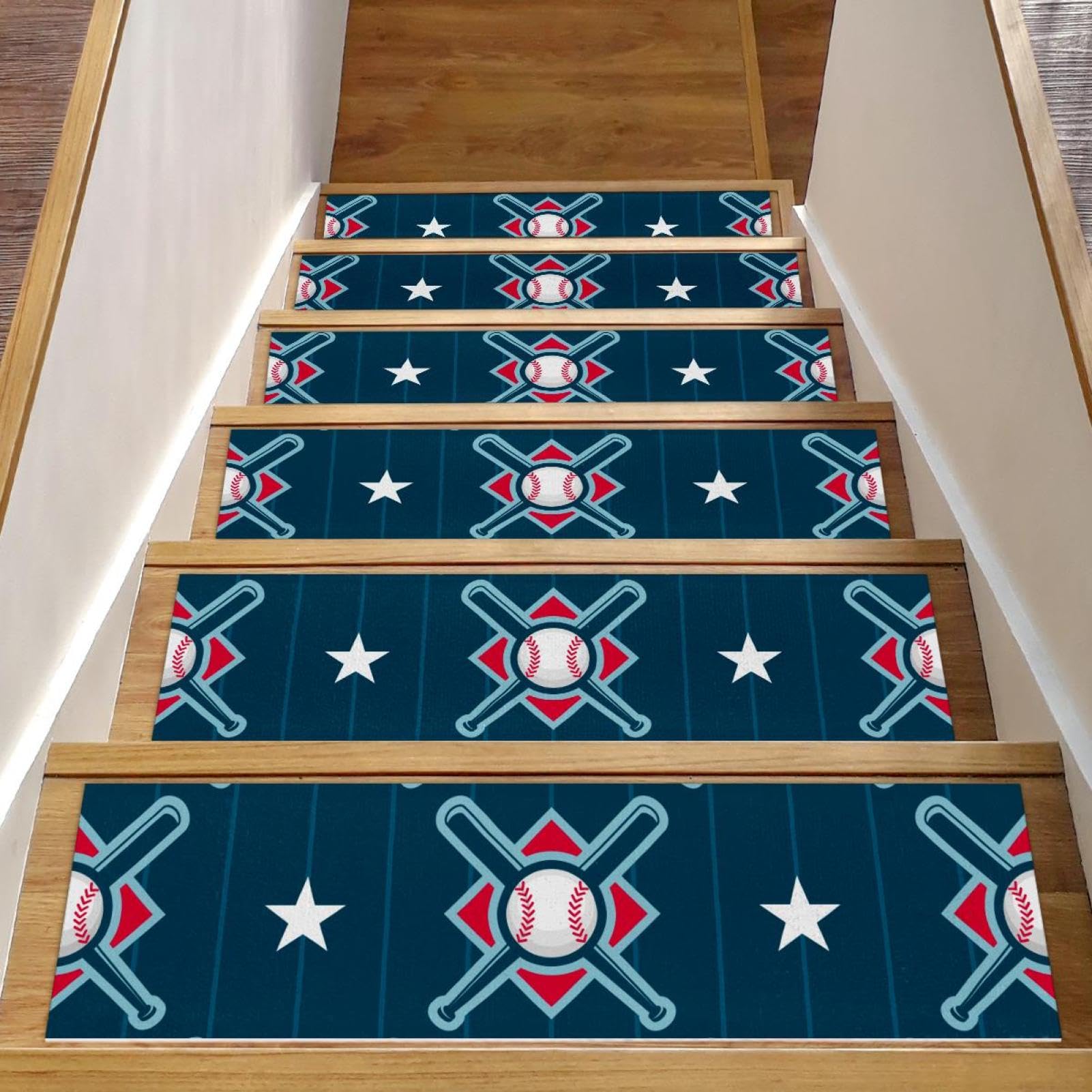 Alfombra para peldaños de escaleras interiores zona de juegos infantil temática béisbol azul