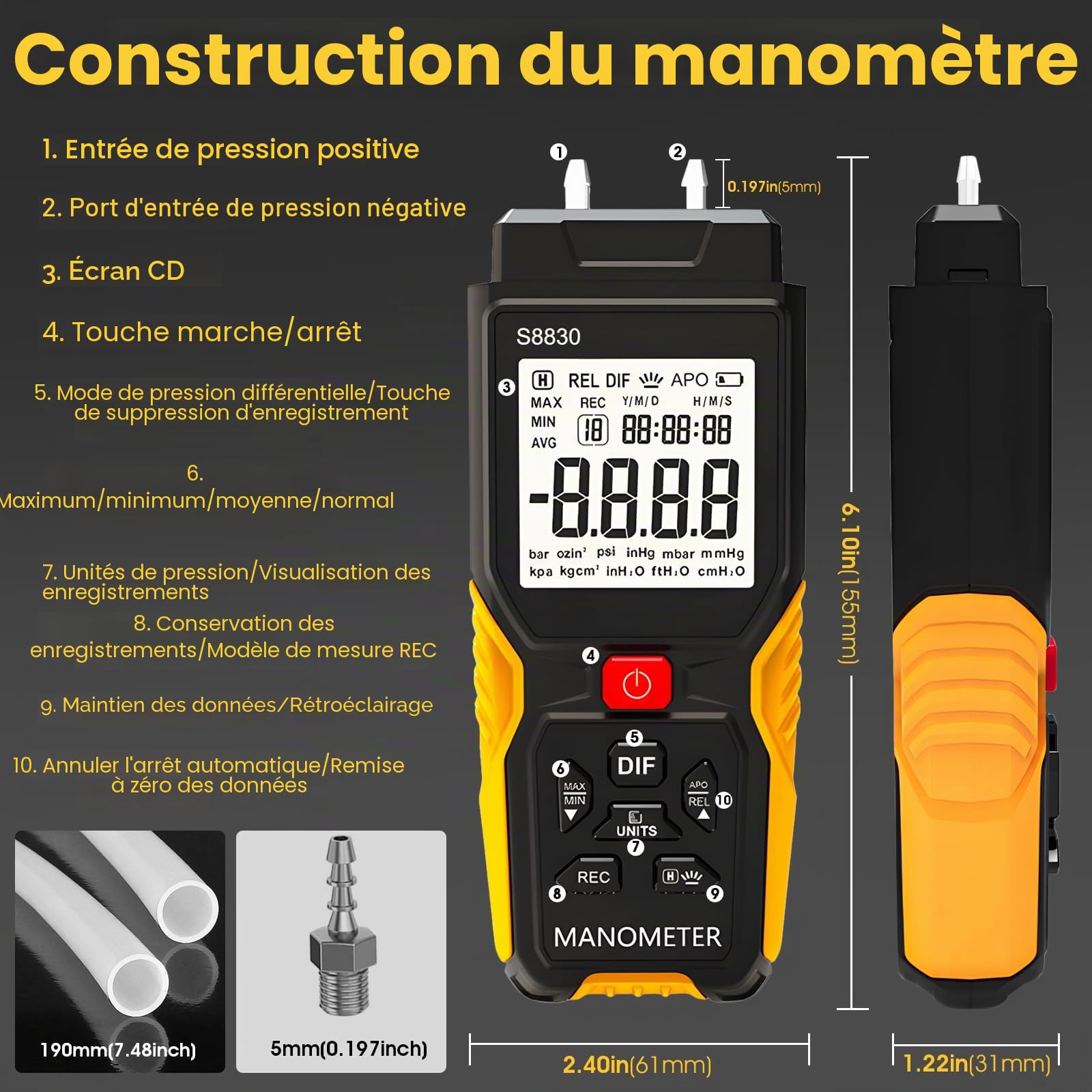 Manomètre Numérique Testeur de Pression Différentielle ± 36,80 KPa Résolution 0,1 12 Unités Jauge de Pression de Gaz HVAC Double Port avec Alarme de Surpression et Enregistrement des Données