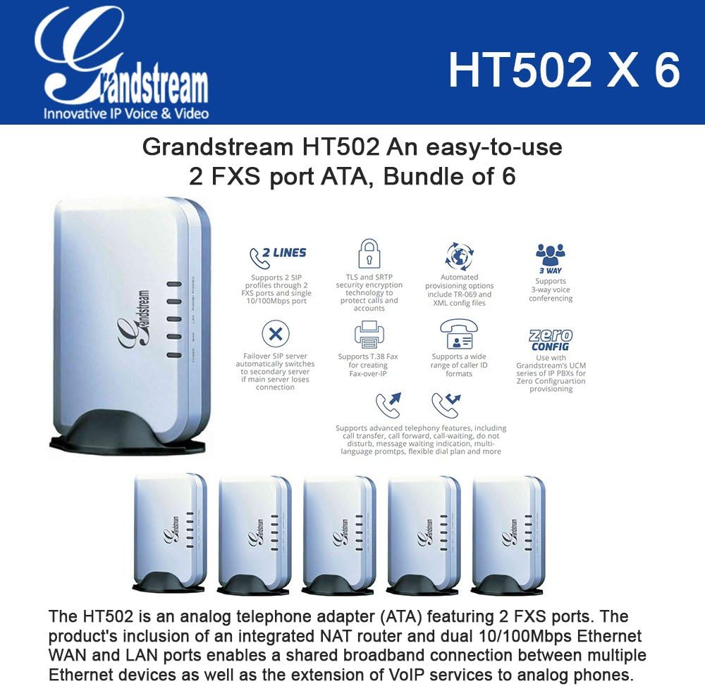 Grandstream HT502 HandyTone 502 VoIP router Analog Telephone Adaptor Bundle of 6