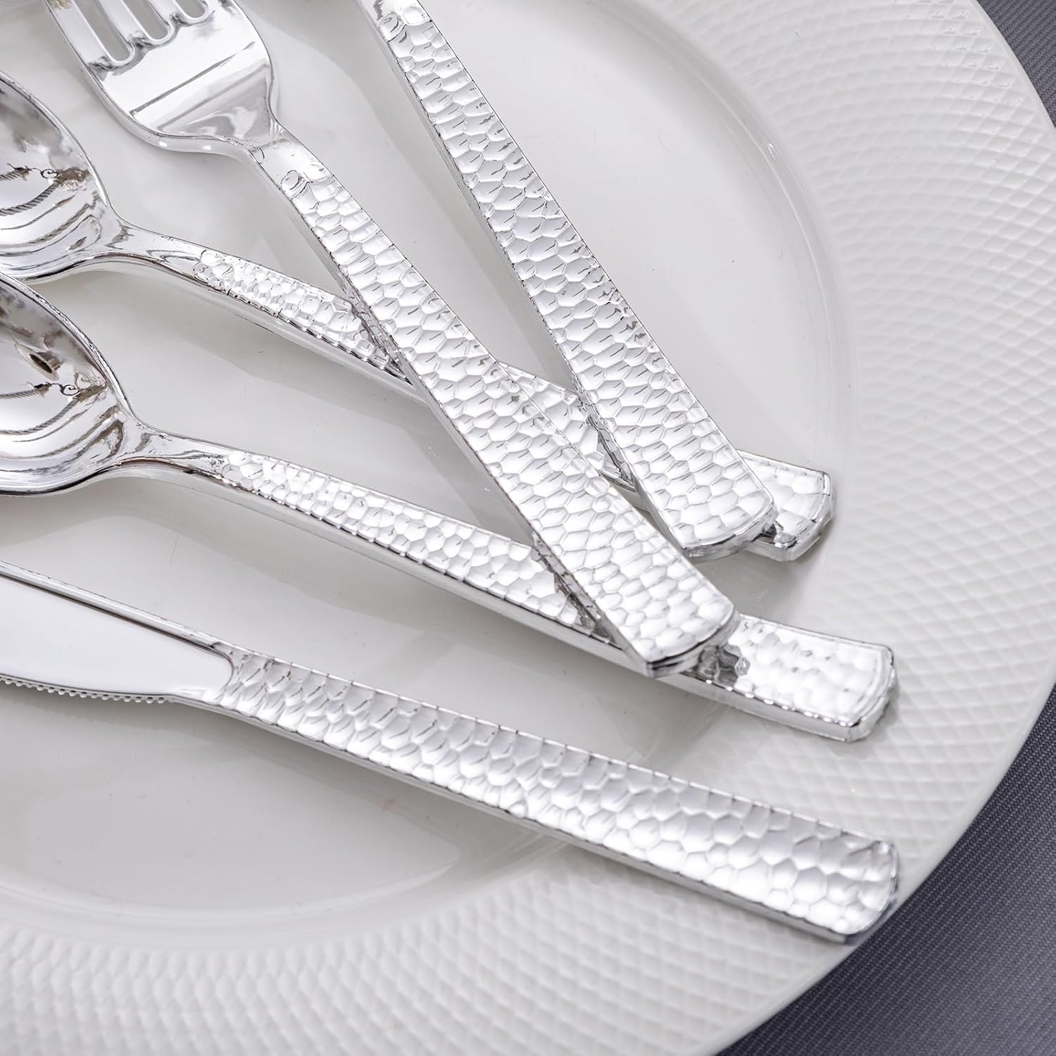 KIRE 400PCS Silver Plastic Silverware - Disposable Silverware, Heavy Duty Plastic Silverware Set Include 200 Silver Forks,100 Silver Knives,100 Silver Spoons for Party,Wedding for Christmas - Image 7
