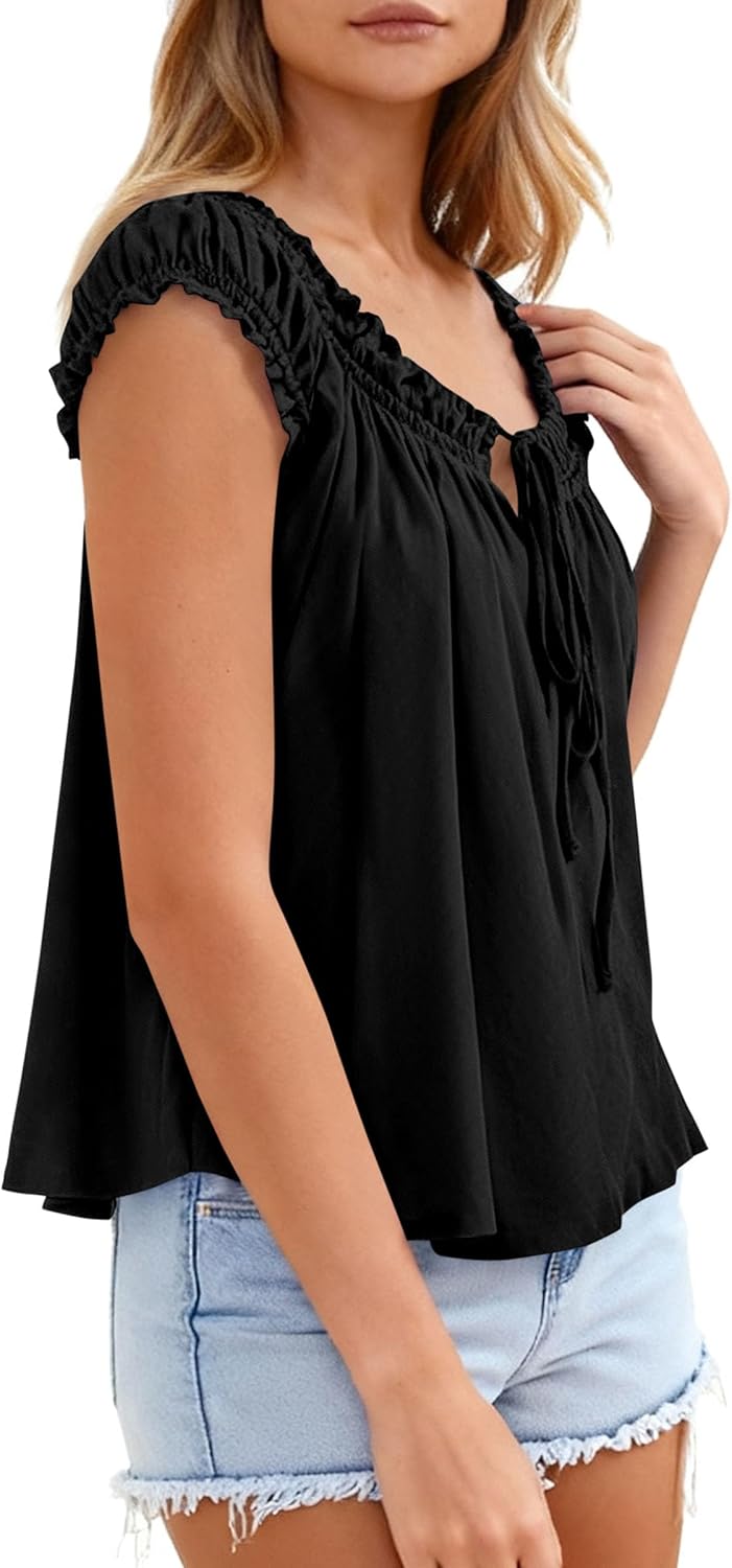 PRETTYGARDEN Women Babydoll Tops 2026 Summer Clothes Cap Sleeve Tie Front Flowy Tank Top Peplum Blouses Cute Going Out Shirts - Image 5