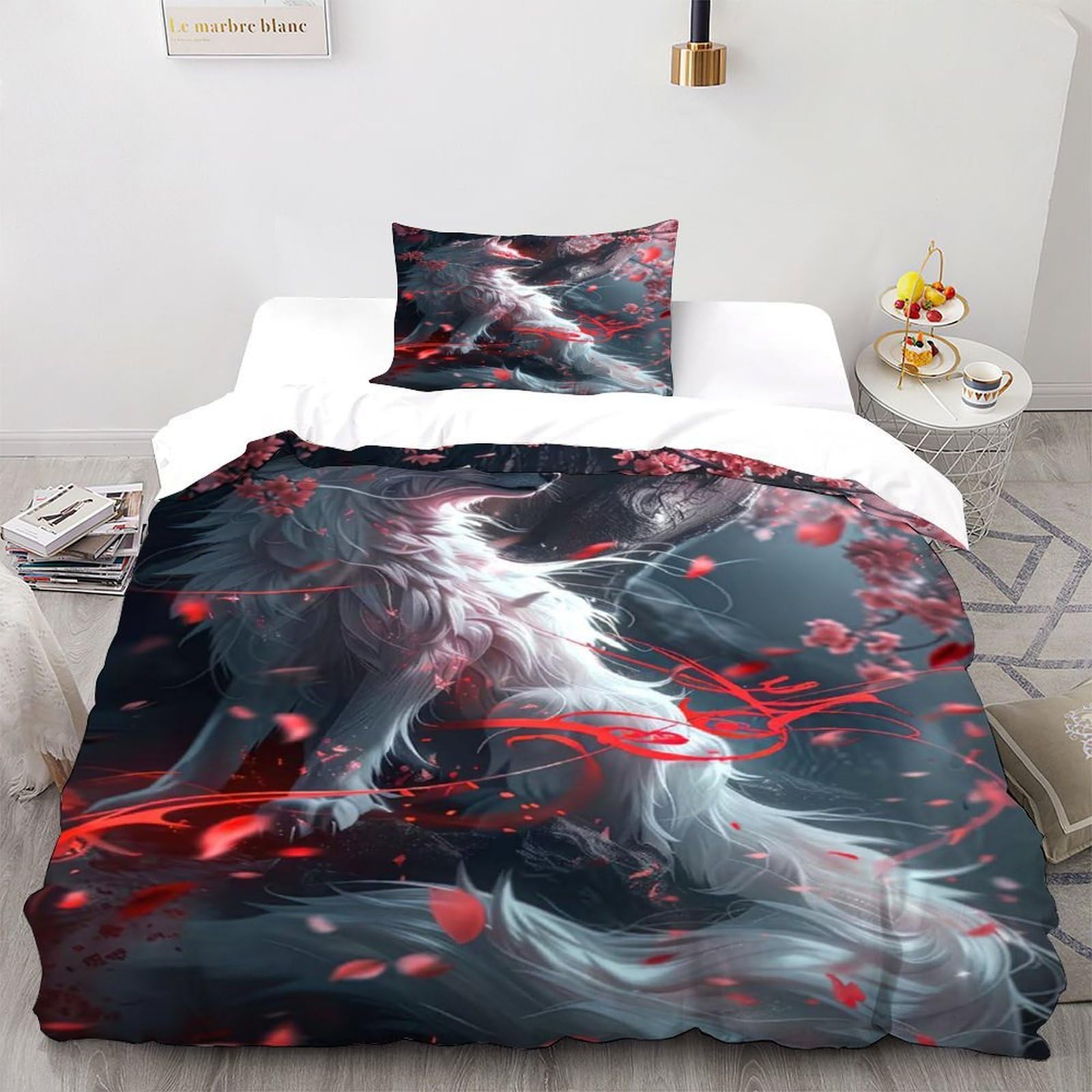 Parure de lit loup et fleurs de cerisier pour creer une ambiance zen dans une chambre d'ado