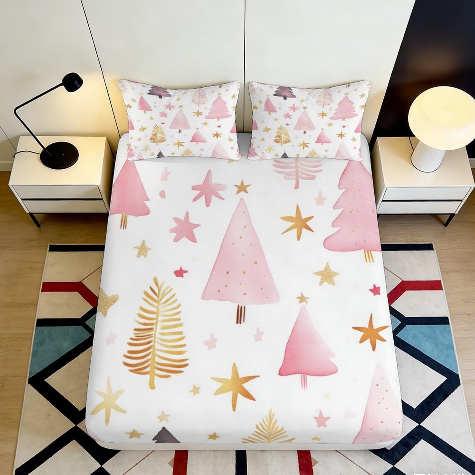 3D Printed Christmas Tree Stars Fitted Sheet Microfiber Deep Pocket Bedroom Bedding Christmas Tree Mattress Fitted Cover for Adult 140x200x25cm