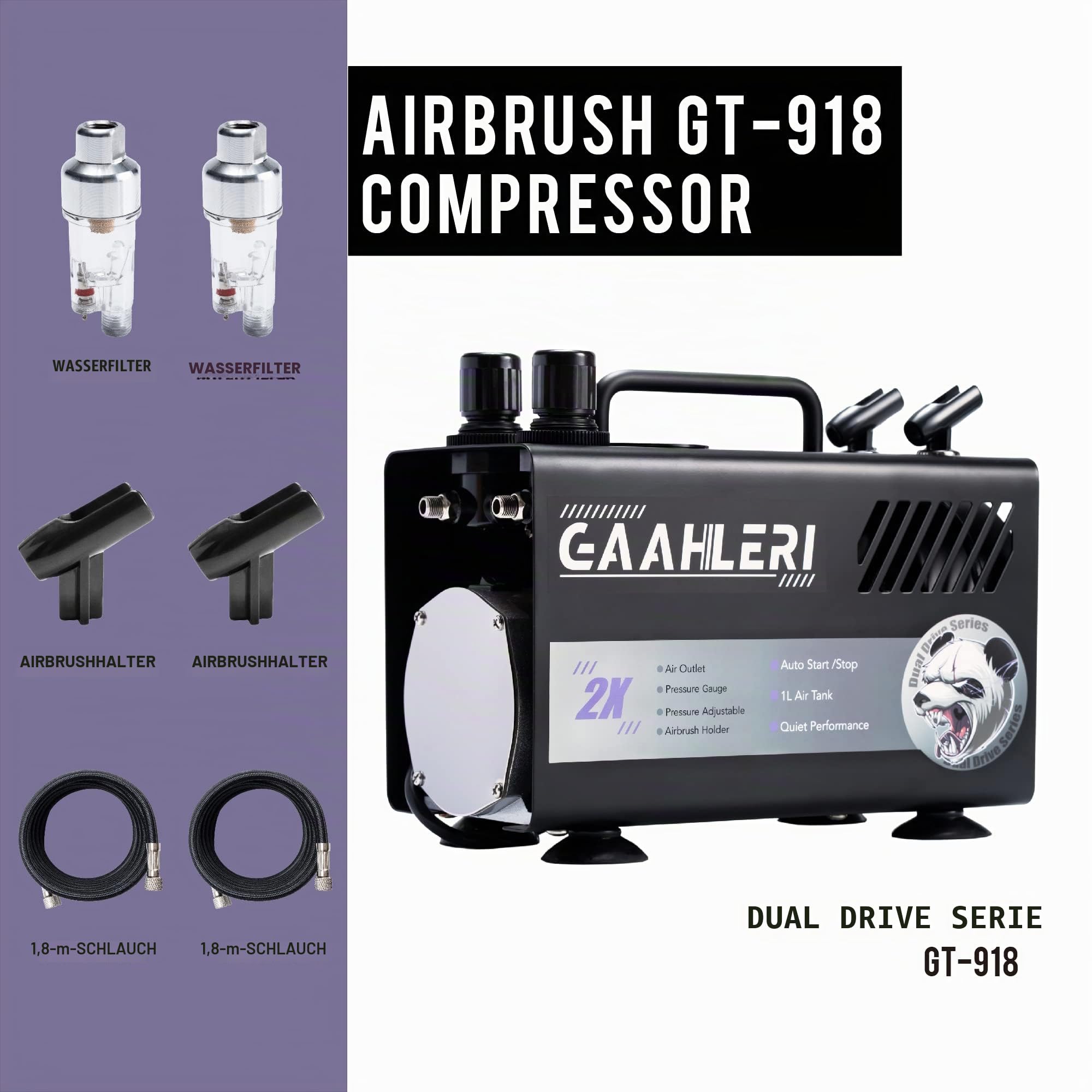 Gaahleri Airbrush-Malset mit Kompressor, Lufttank, 1 l, Dual-Luftauslass-System, fortschrittliche Luftpinselführung, manuelle Kuchendekoration, Nagel-Tattoo-Malerei, Modellfärbung, multifunktional