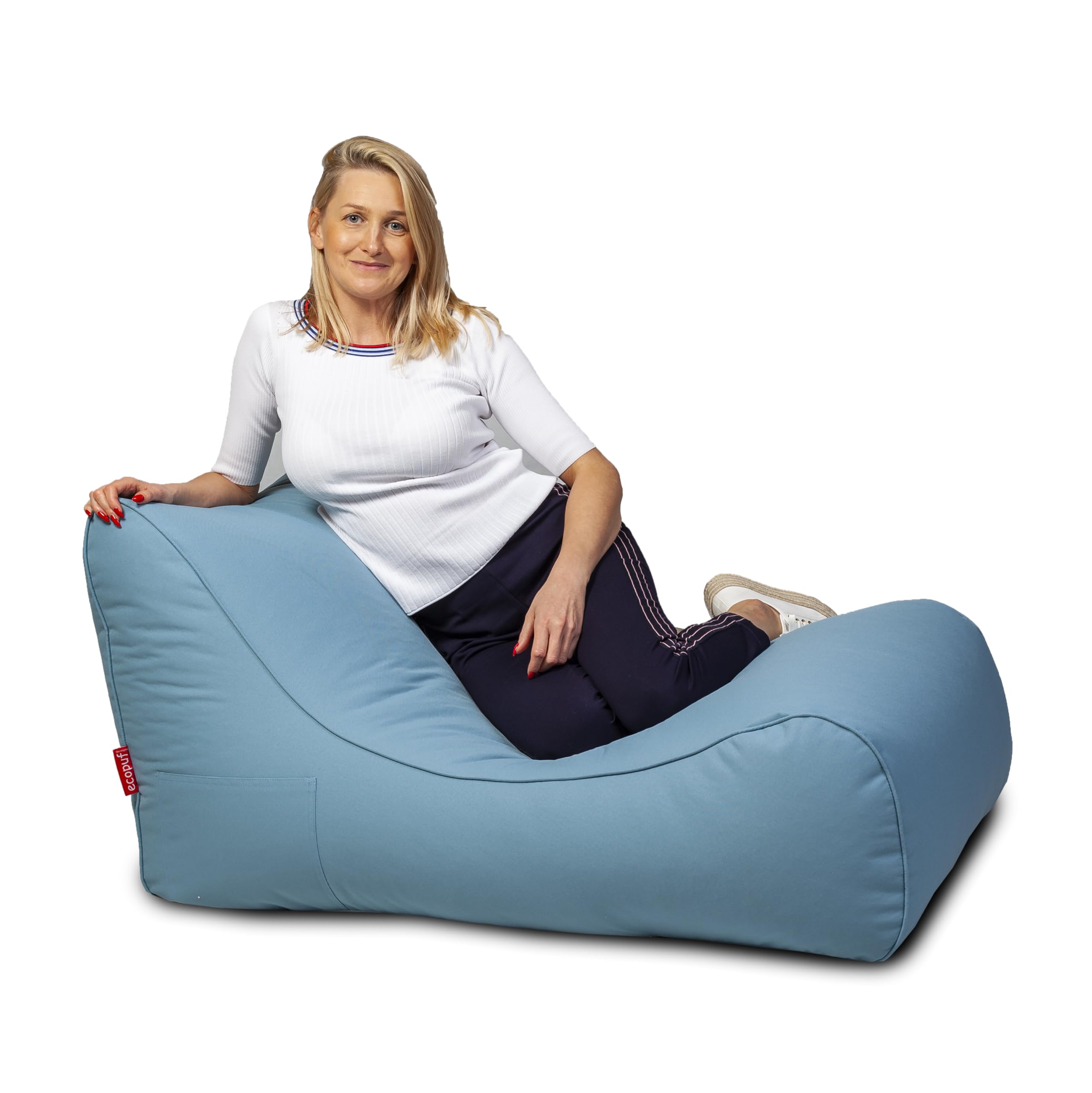 Ecopuf Wetterfester Outdoor Sitzsack Master Chaise Longue - Sitzsack mit Staufach und Griff - Wasserfester Stoffsack - Entspannungssessel - Wohnungseinrichtung - 115x65x60cm, Hellblau M6