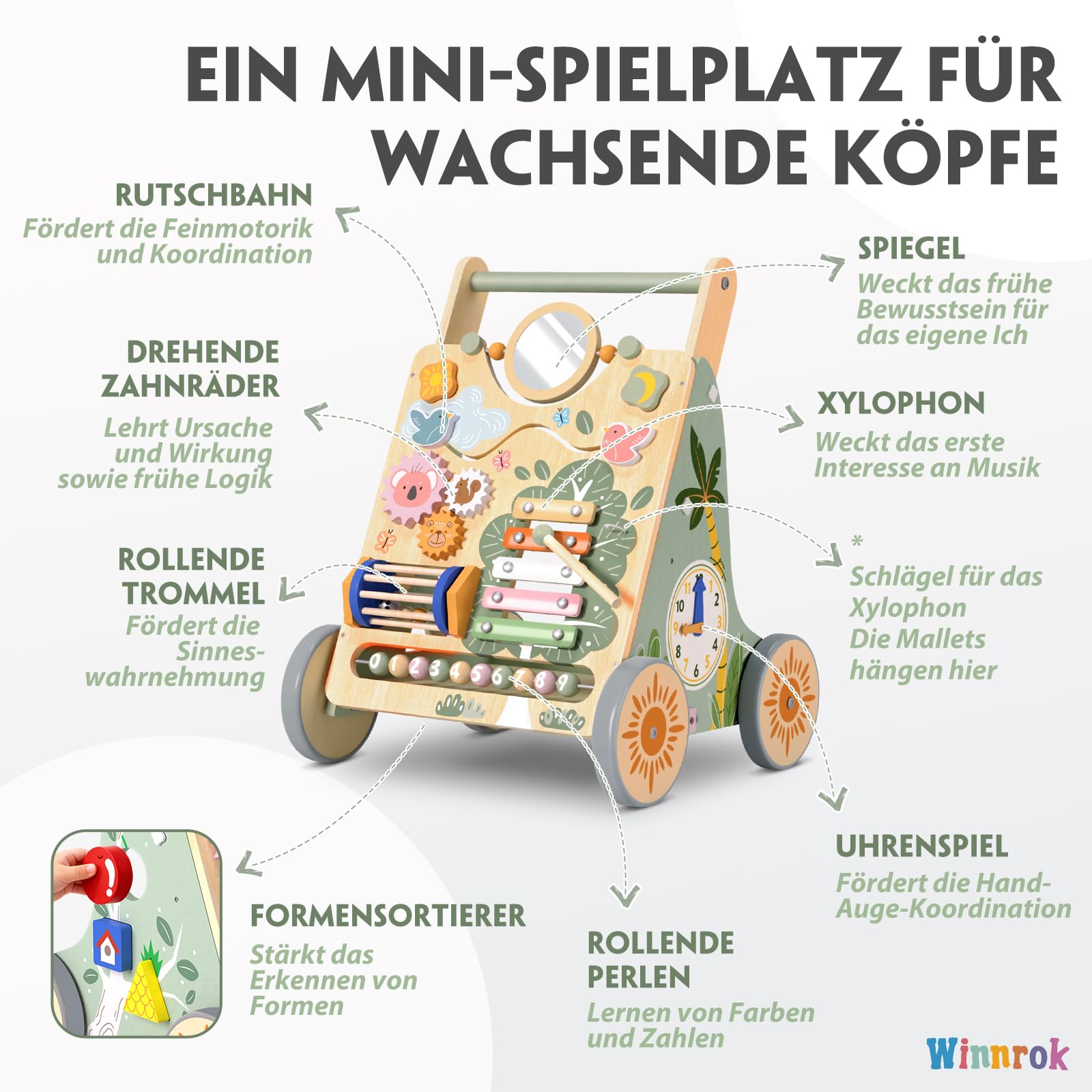 Baby Lauflernwagen Holz, Baby Lauflernhilfe Höhen- und Geschwindigkeitsverstellbar, Montessori Spielzeug ab 1 Jahr, Baby Walker für Jungen und Mädchen, Geschenk zu Weihnachten und Geburtstag