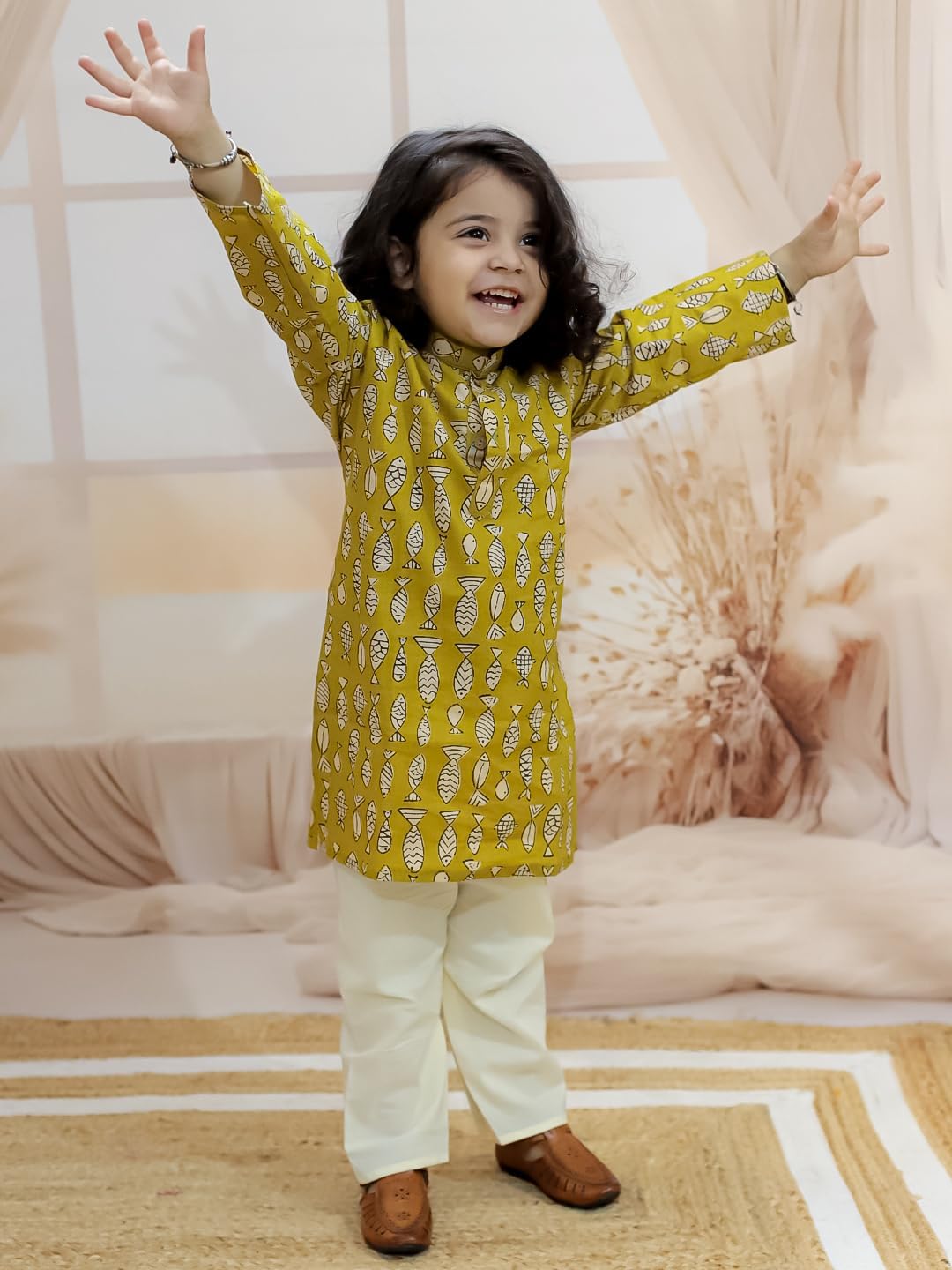 BownBee Pure Cotton Fish Print Full Sleeve Kurta Pajama for Boys