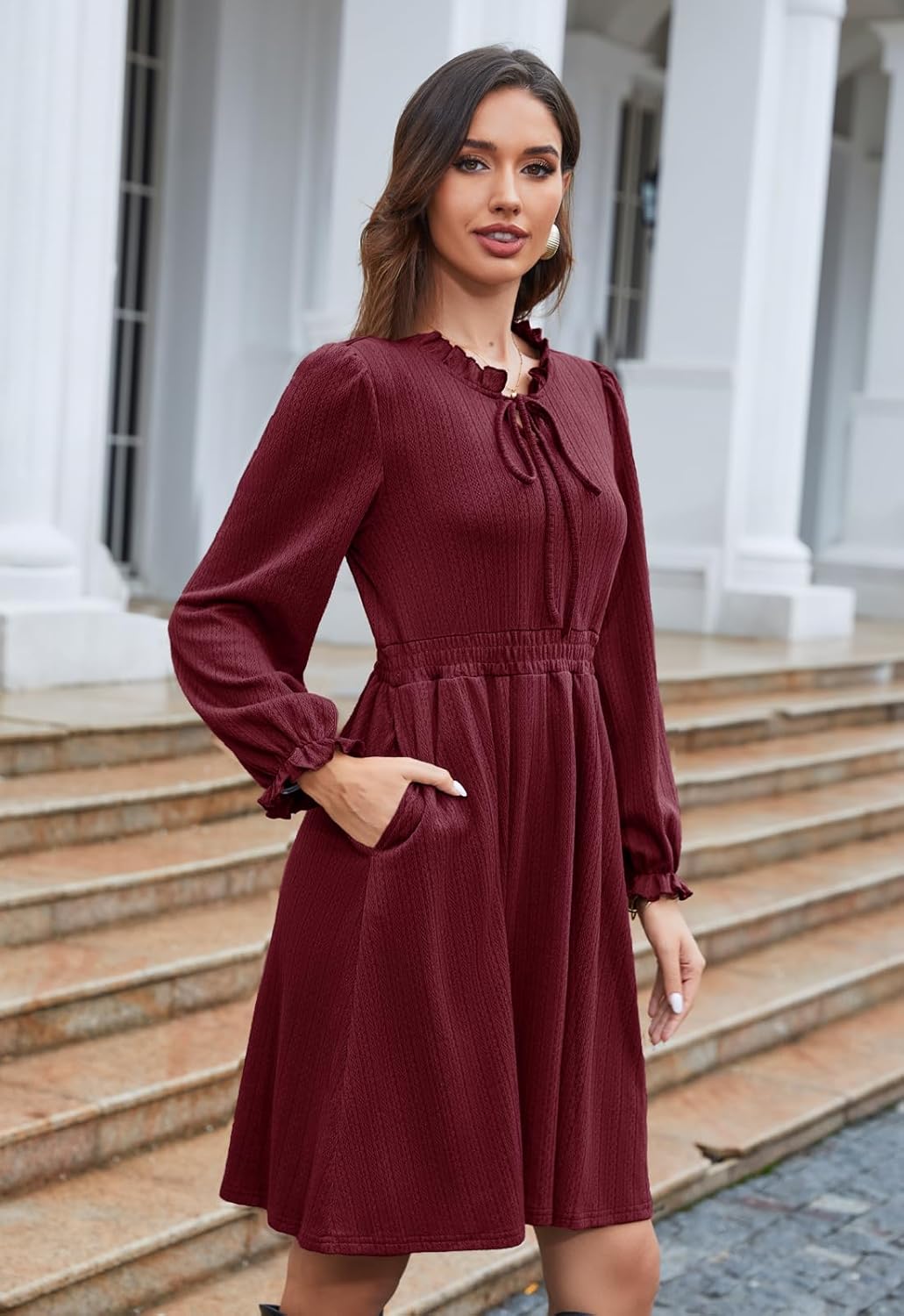 Alaster Queen Women's Fall Long Sleeve Dress Knit Ribbed Tie Front A Line Casual Ruffle Dresses with Pockets - Image 5