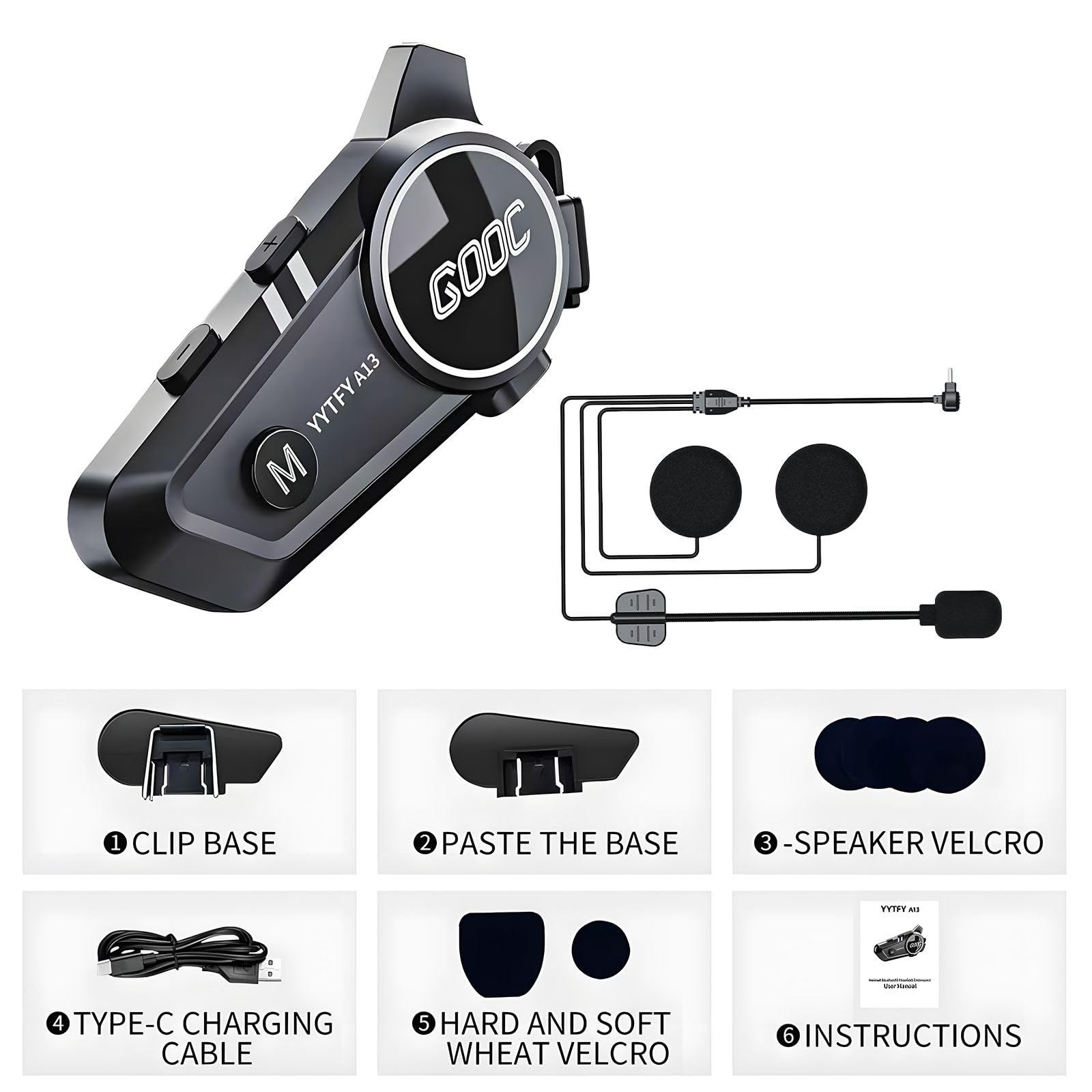 Motorrad Bluetooth Headset mit Sprachassistent Helm Gegensprechanlage Headset IP67 Wasserdicht/1500mAh Akkulaufzeit Helmlautsprecher Geeignet für die meisten Helme & CVC+DSP