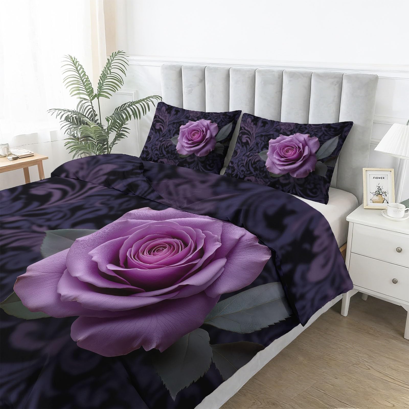 Liliowa ekskluzywna poszewka na kołdrę z wzorem Romance Purple Rose 200 x 200 cm z 2 poszewkami na poduszkę 80 x 80 cm, do sypialni rodziców