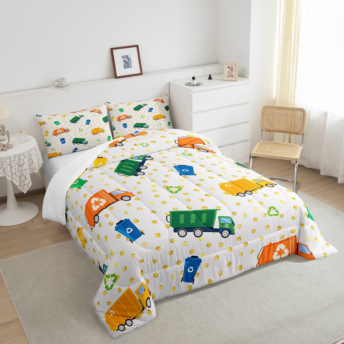 Castle Fairy Garbage Truck Full Size Comforter Set, Cartoon Trash Bedding for Adults Teens Children, Green Yellow Vehicle Car Luxury Quilt Set Room Decor 3Pcs