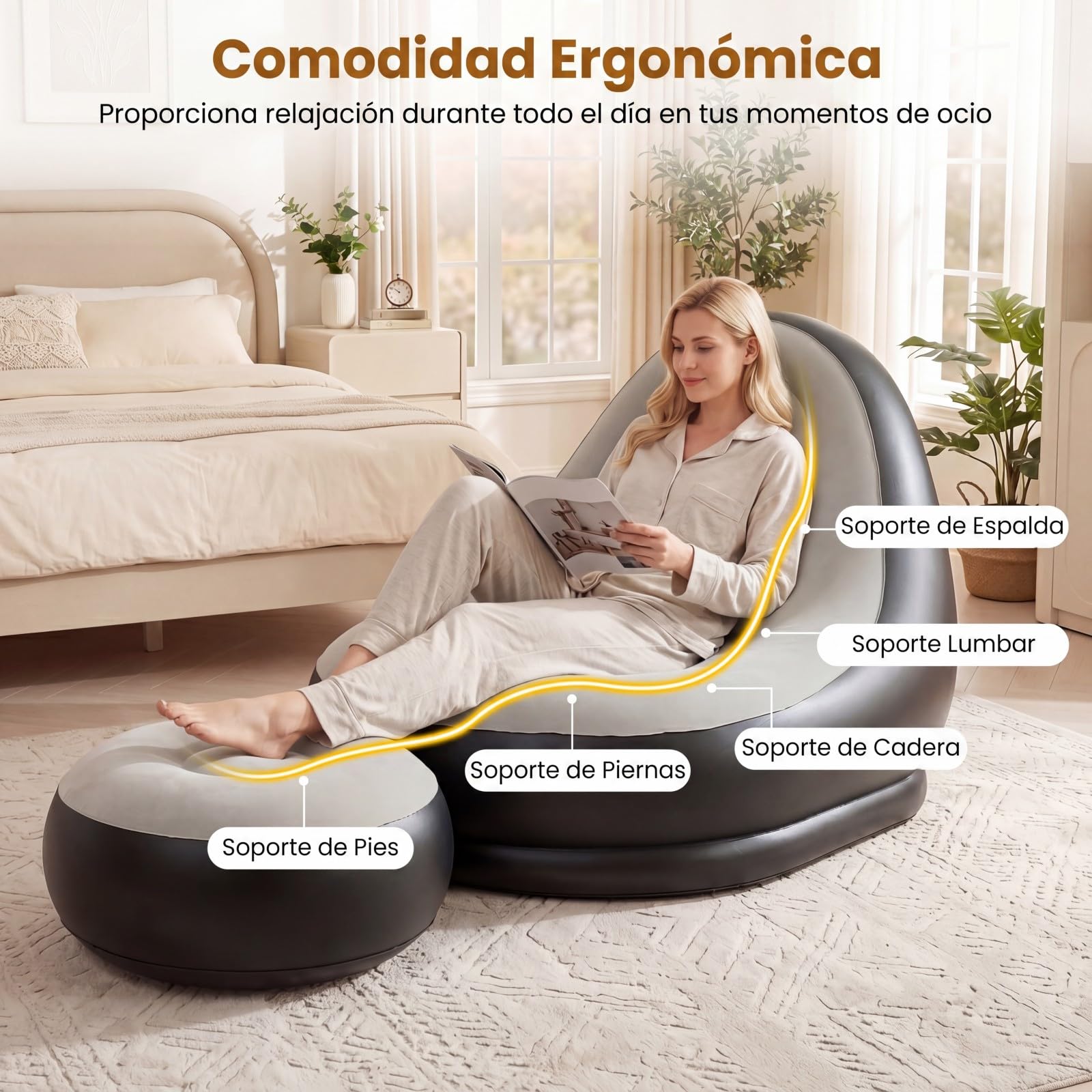 GOPLUS Sofa Hinchable Camping con Reposapiés, Sillon Infable Relax con Respaldo,Portavasos y Parches de Reparación, Puff Plegable Exterior, Silla Inflable para Balcón Jardín (con reposapiés)