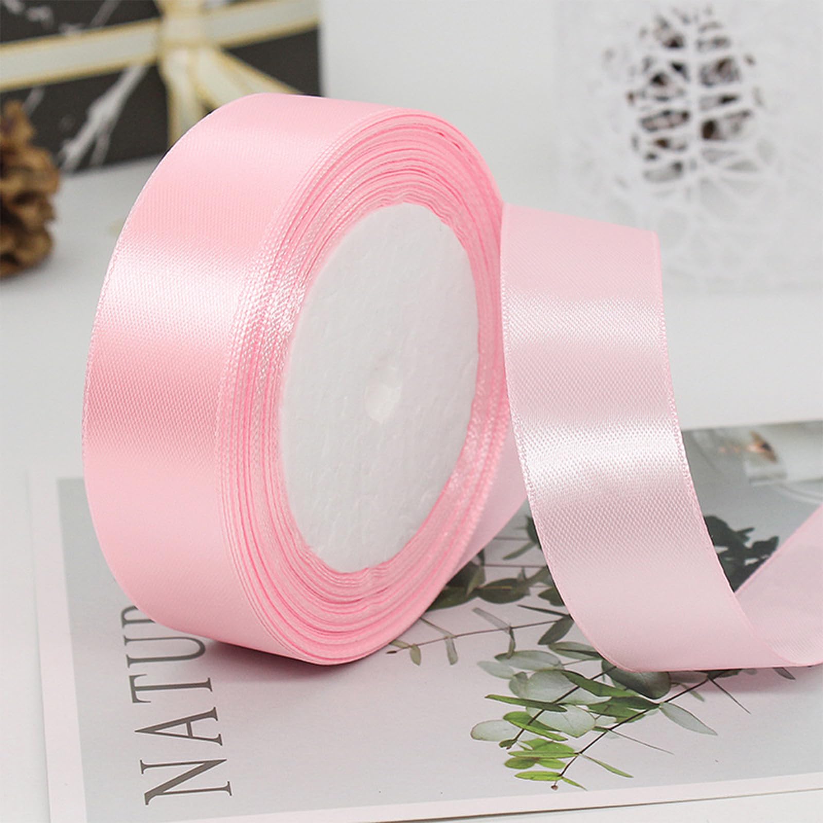1 Inch x 25 Yards Pink Satin Ribbon Solid Polyester Ribbons for Gift Wrapping, Crafts, Wedding Party Holiday Decor, Flower Arrangement