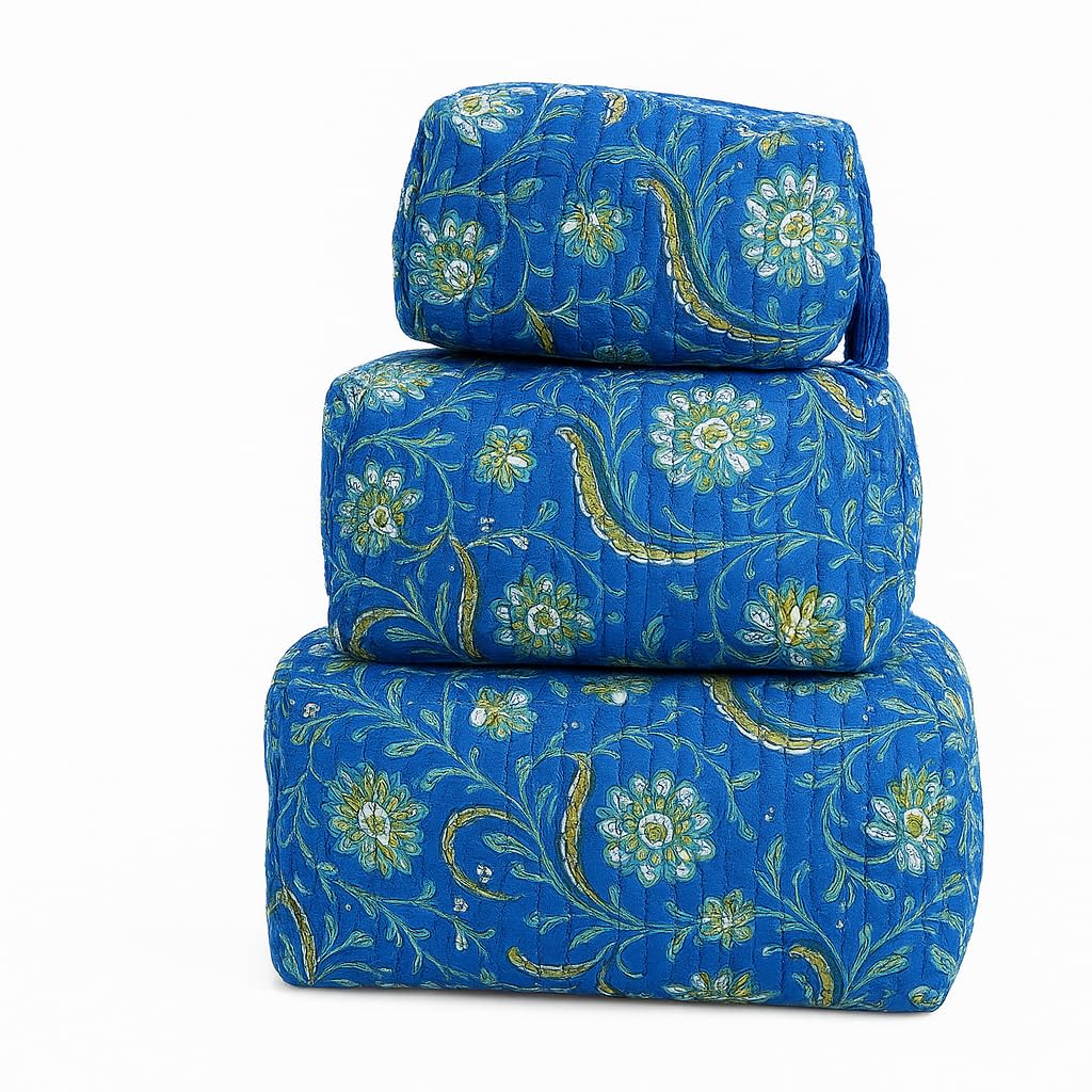 Floral Handblock Printed Cotton Quilted Pouch Set of 3 |Travel Organizer Bags for Makeup, Toiletries & Jewelry | Waterproof & Washable Multipurpose Utility Pouches (Blue)-image-5