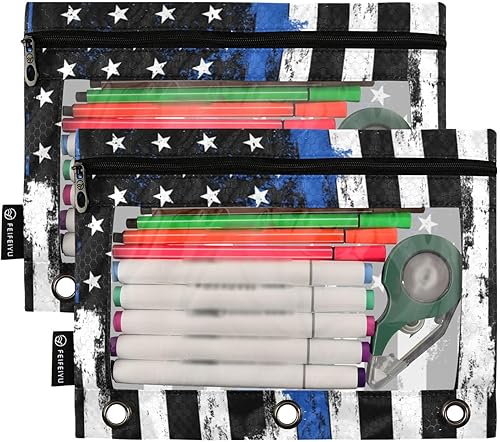 Miniatura 5 de Fisyme Blue Line - Estuche para lápices de la bandera estadounidense de policía para carpetas de 3 anillas, estuche para lápices con cremallera con