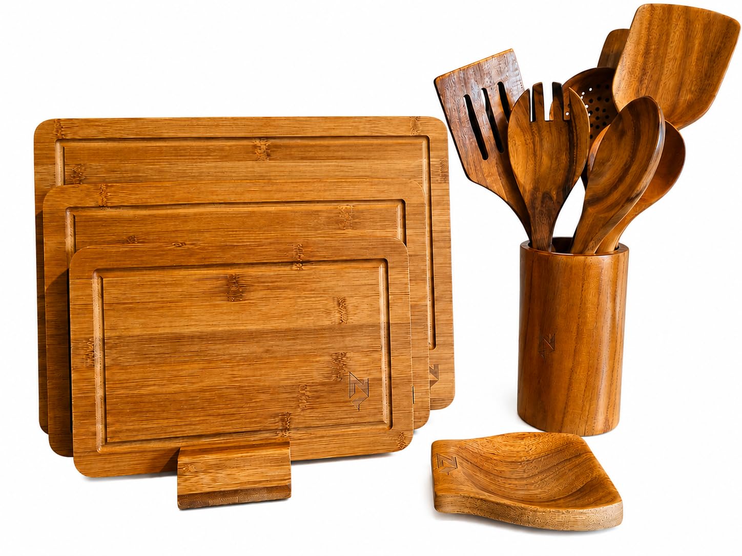 Northbound Goods Bamboo Chopping Board Set with Stand & Acacia Utensils
