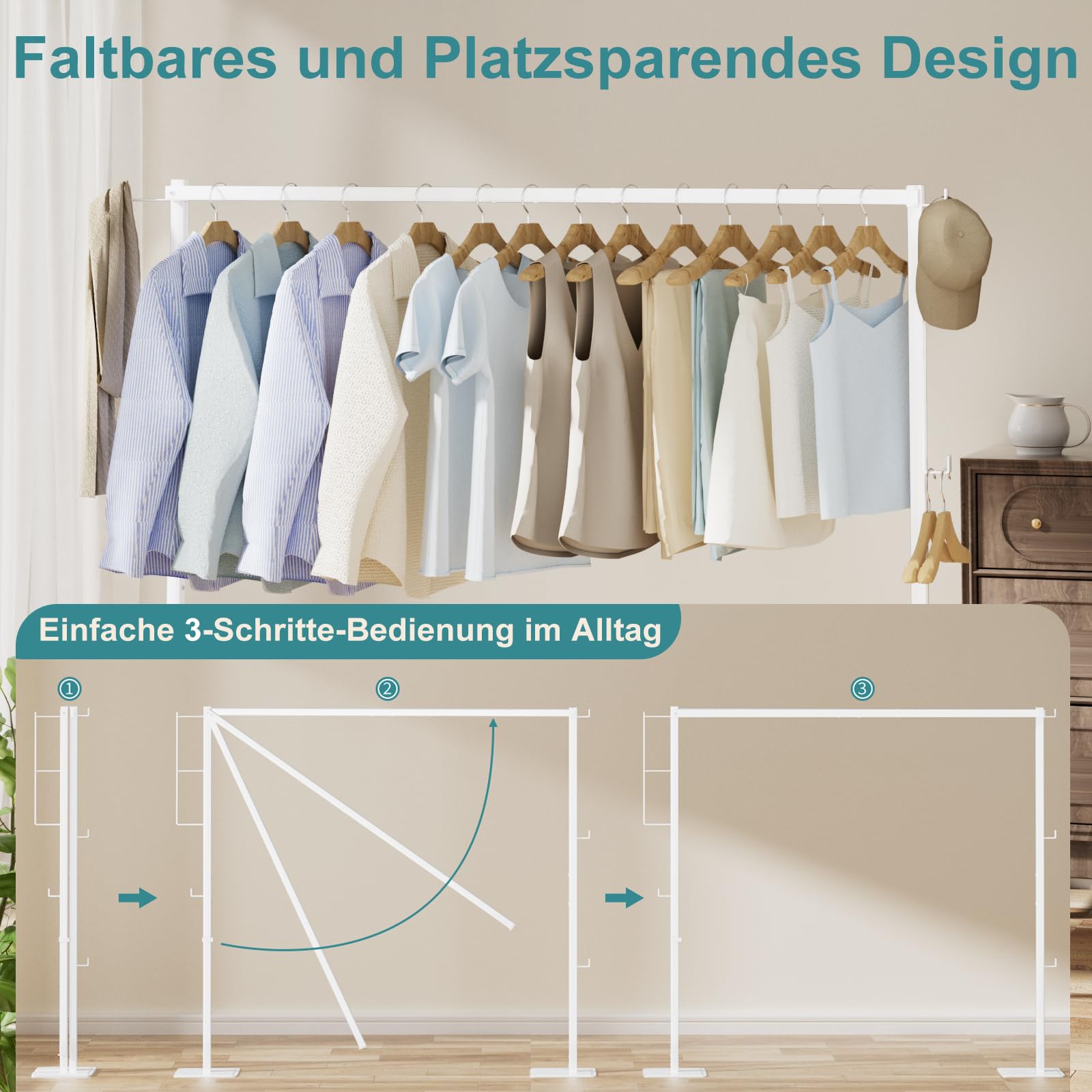 JAUREE Faltbarer Wäscheständer für innen/außen, platzsparend freistehender kompakter Standtrockner, Wäschestange für Bettlaken, Trockenständer, weiß