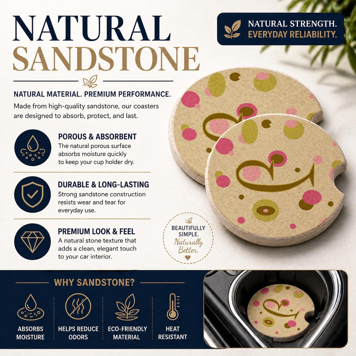 Caroline's Treasures CJ1004-JCARC Letter J Initial Monogram - Tan Dots Set of 2 Cup Holder Car Coasters Absorbent Sandstone Coasters for Car Cup Holders Gifts for Men or Women, Large, Multicolor image 4