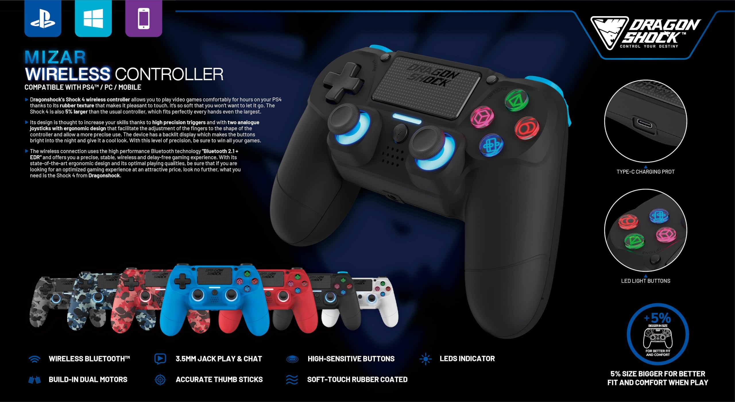 DRAGON SHOCK DragonShock - MIZAR BT - Controlador inalámbrico para PS4, PC y dispositivos móviles (Gris camuflaje)