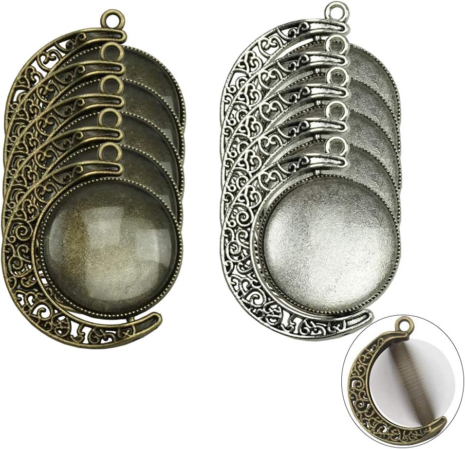 Moon Rotation Double Side Pendant Trays 30Pcs Kit, 10Pcs Pendant Tray with 20Pcs Glass Cabochon Clear Dome 25mm Blank 2 Colors Bezels for Photo Pendant DIY Craft Jewelry Making by SHXSTORE