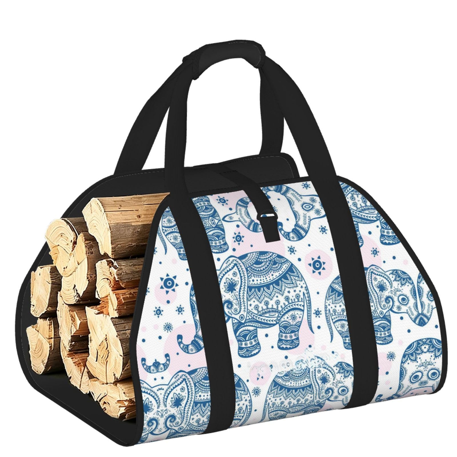 Boho Elephant Printed Firewood Carrier Bag, Log Tote with Open-Ended Design for Camping Outdoor Wood Hauling