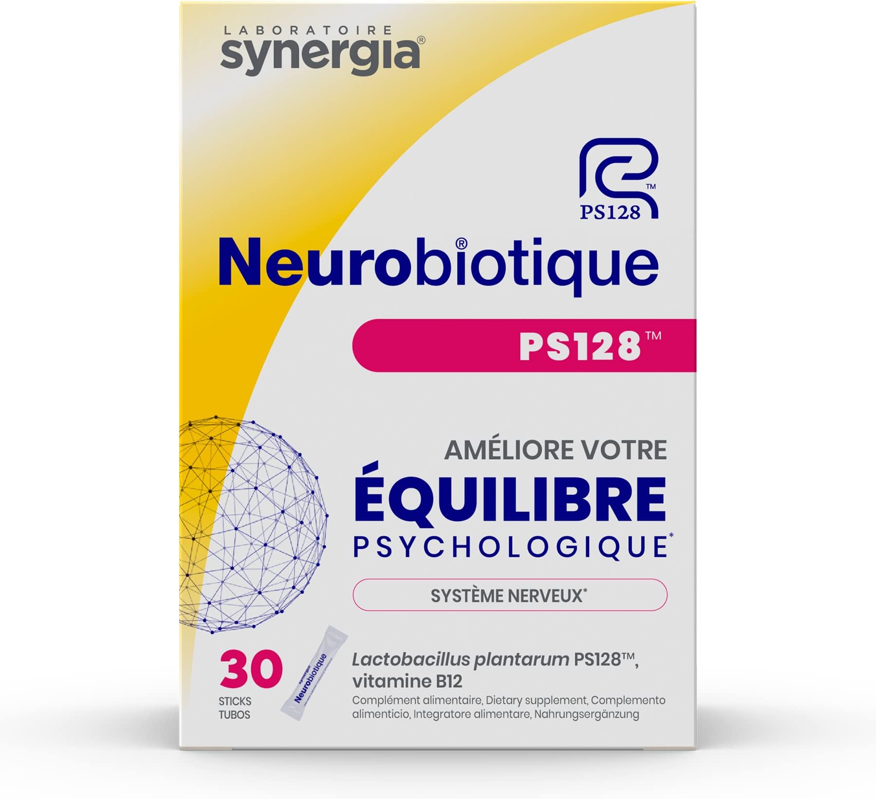 PS128 30 Sticks | Neurobiotic Lactobacillus plantarum and Vitamin B12 | Improve Your Psychological Balance | 30 Billion CFU's of Production | Laboratoire SYNERGIA