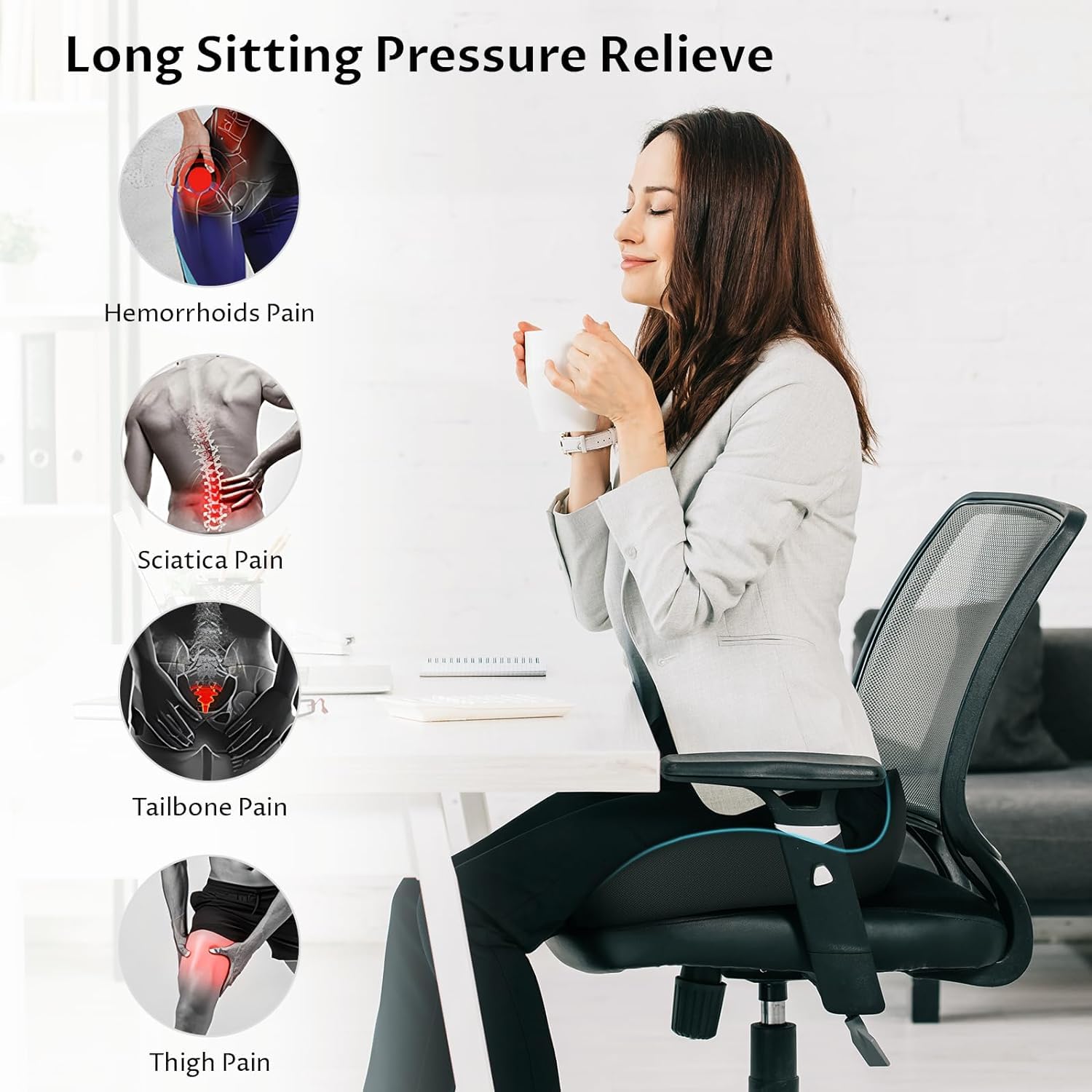 Cuscino da seduta in memory foam, per sedie da ufficio, seggiolino auto, aereo, sedia a rotelle, sollievo dalla pressione da sciatica e coccige, per chi sta seduto a lungo, per chi lavora in ufficio,