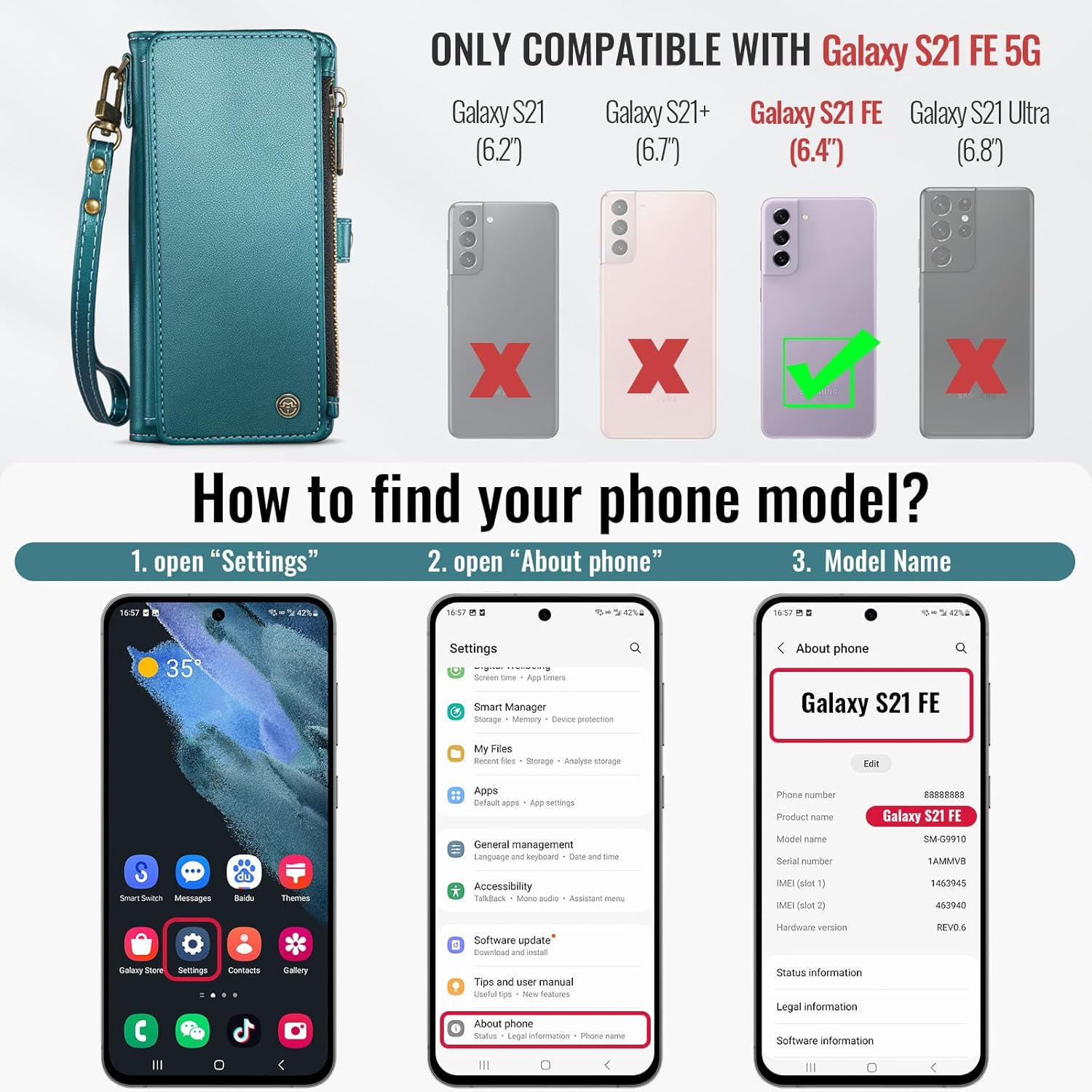 Defencase Compatible with Galaxy S21 FE 5G Case Wallet with RFID Blocking Card Holder for Women Men, PU Leather Magnetic Snap Flip Zipper Strap Phone Case Fit for Samsung Galaxy S21 FE 5G, Blue Green