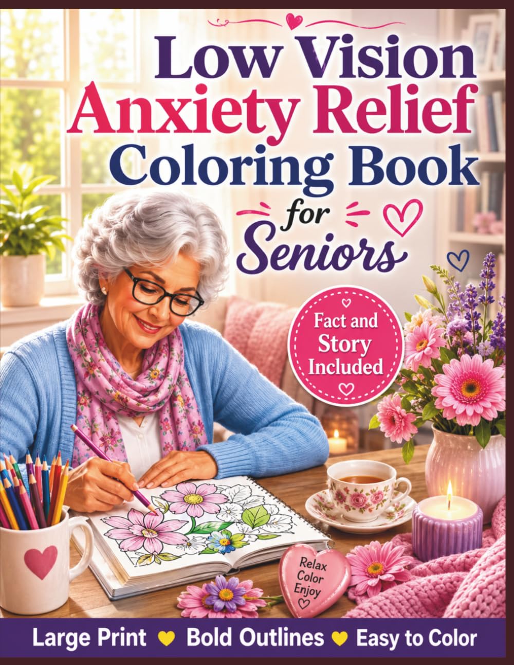 Low Vision Anxiety Relief Coloring Book for Seniors: 50 Large Print, High Contrast Designs with Bold Lines and Simple Calming Scenes for Relaxation, Stress Relief, Mindfulness, and Easy Coloring