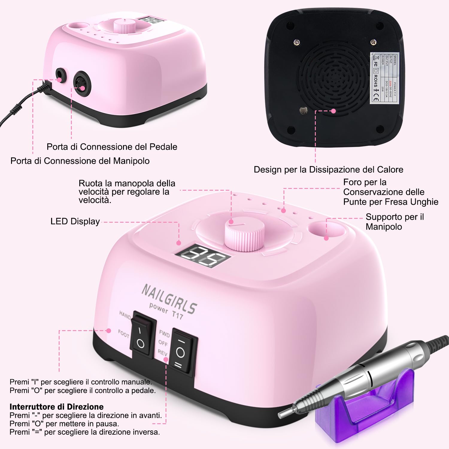 NAILGIRLS 11-in-1 elektrischer Nagelfräser für Maniküre und Pediküre, 35.000 U/min, einstellbare Geschwindigkeit, intelligente LED, tragbare elektrische Nagelfeile (Rosa)