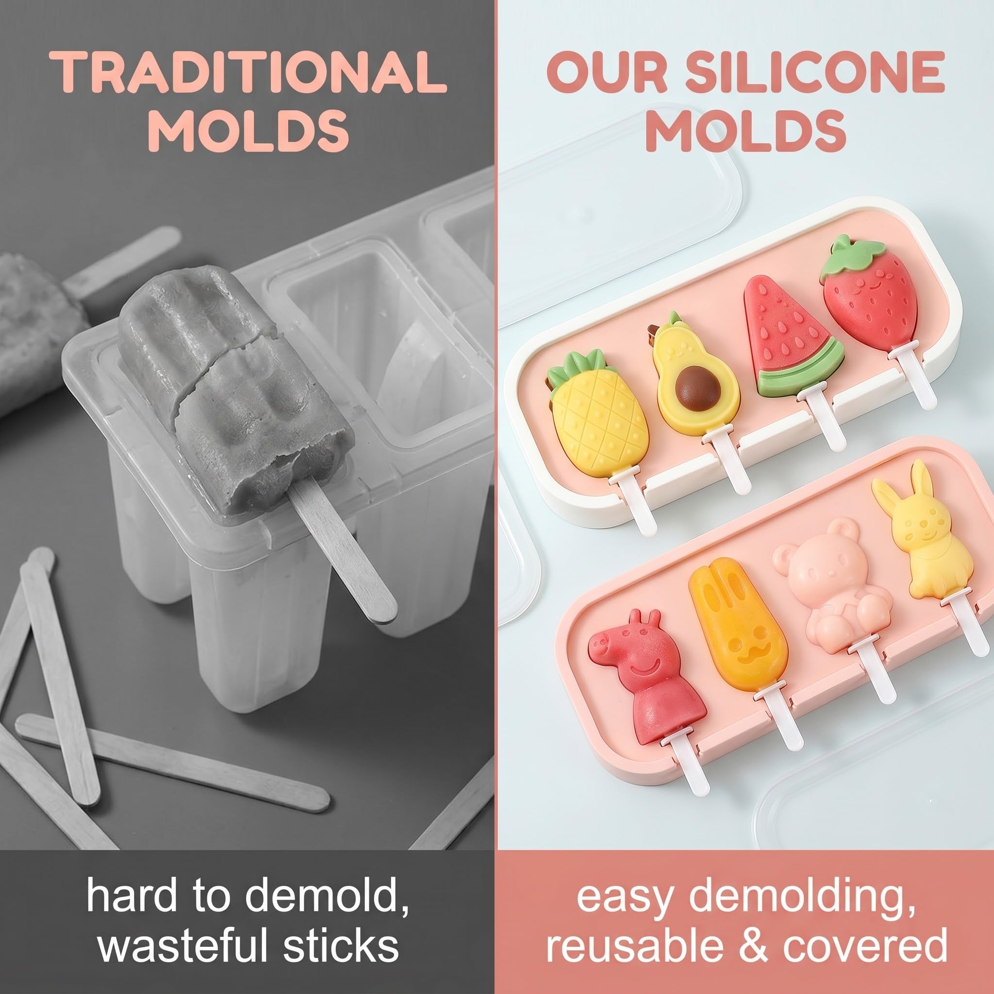 Set 2 Moldes para Helados de Silicona, 8 Formas Dibujos Animados & Frutas Molde Helado con Tapa y 12 Palitos Reutilizables, Sin BPA para Hacer Helados Caseros