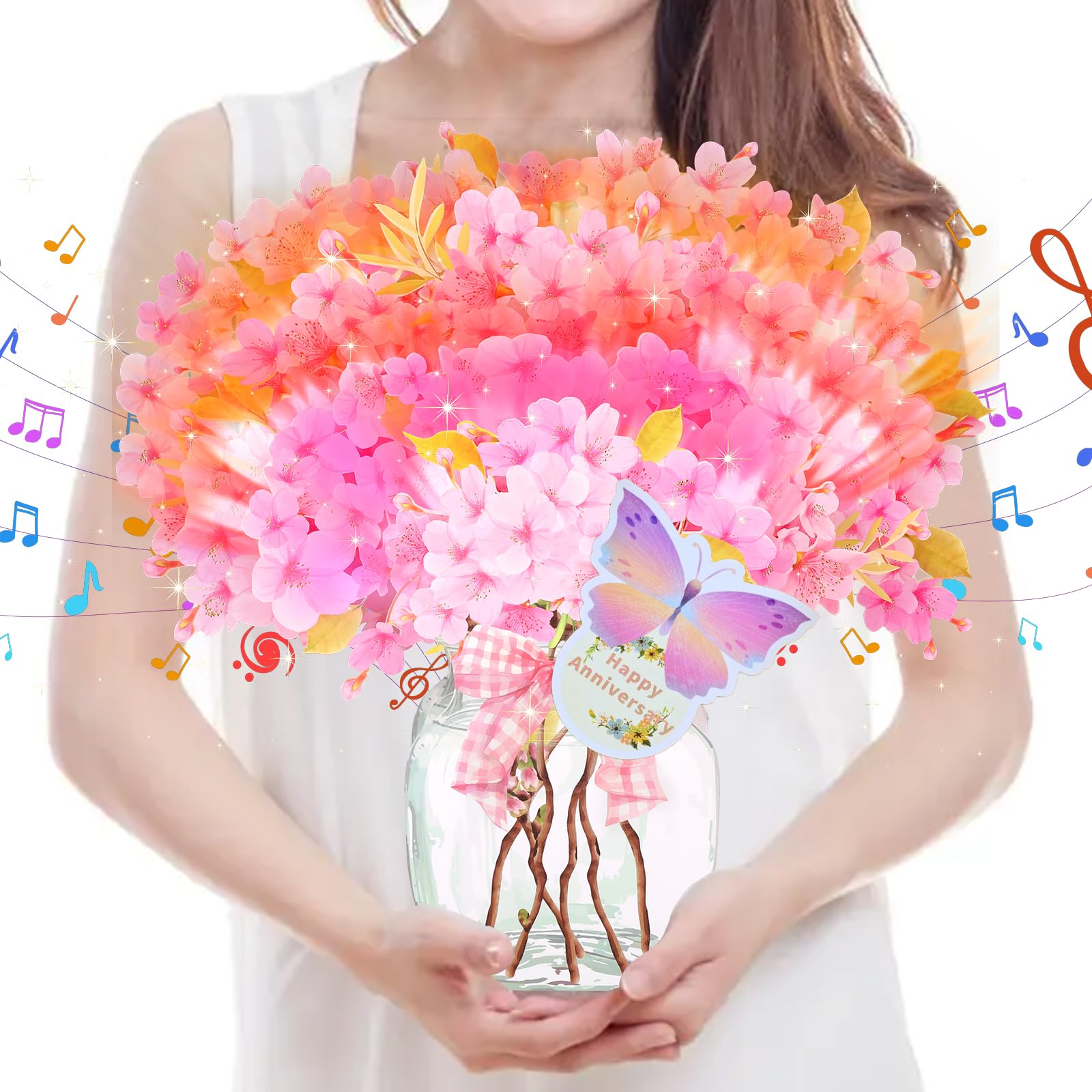 Musical Anniversary Card for Wife, 3D Pop Up Cherry Blossom with Music & Light – Pollen-Free, Romantic Anniversary Card for Her, Girlfriend, Mum