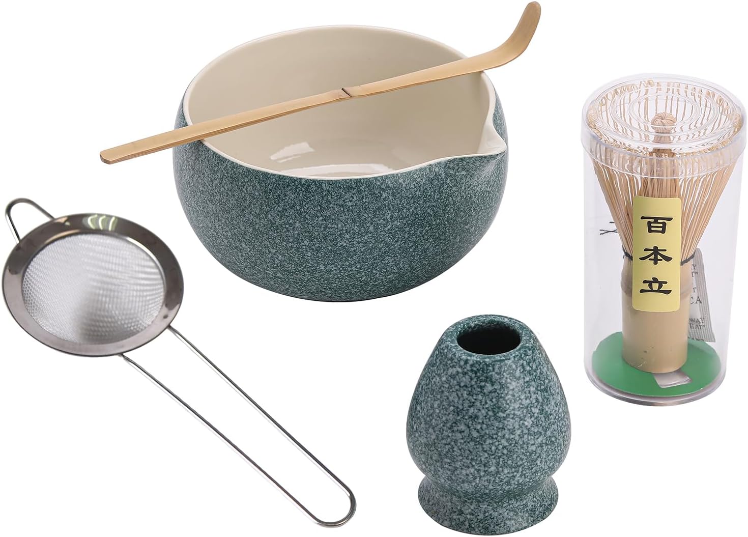 5-Piece Ceramic Matcha Bowl Set, Includes Bamboo Whisk, Chashaku (Scoop), & Sifter, Mottled Blue