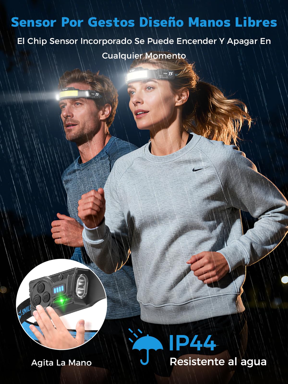 Smiling Shark TS-4 Lámpara Frontal, Linterna Cabaza LED Recargable 2400mAh con Doble Foco Ajustable&Inclinable Sensor de Movimiento Diseño Manos Libres para Camping Jogging Senderismo Correr (2)
