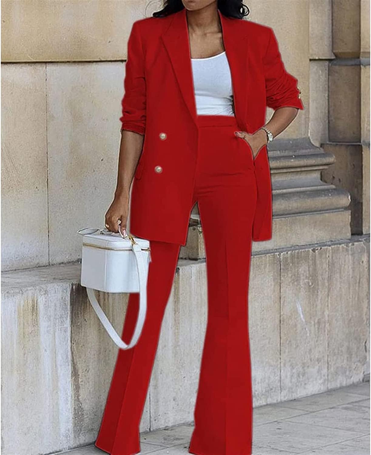 Generisch Donna elegante tuta da lavoro ufficio pantaloni cappotto giacca due pezzi casual moda tuta set gamba ampia pantaloni tuta tuta tuta giacca donna tuta pantaloni tuta donna