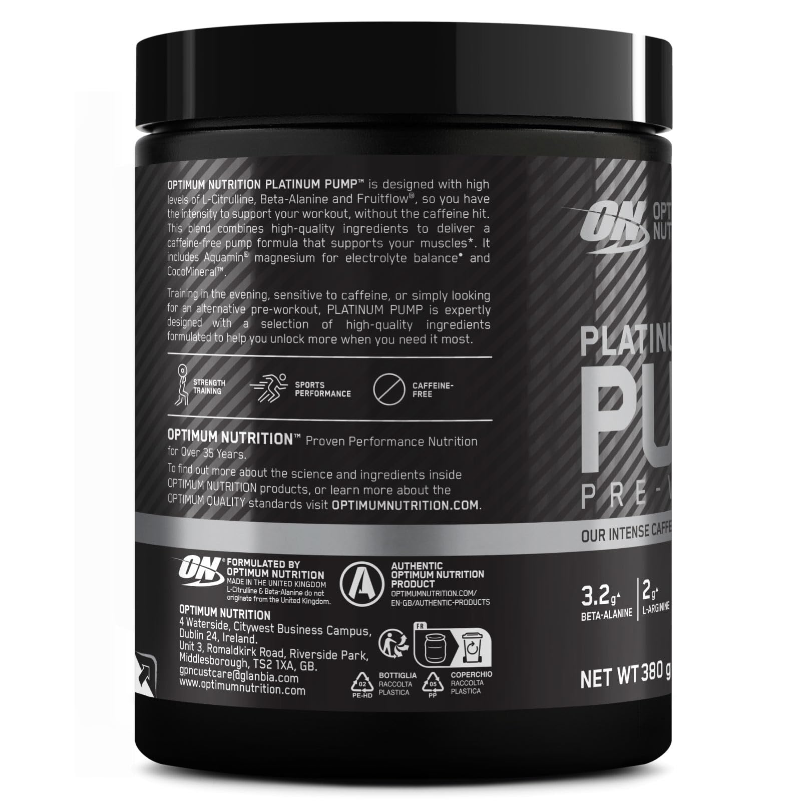 Optimum Nutrition Platinum Pump Pre-Workout Gusto Limone e Lime 380g 20 Porzioni Senza Caffeina in Polvere Aumenta Concentrazione e Prestazioni Fisiche Riduce la Stanchezza + SHAKER