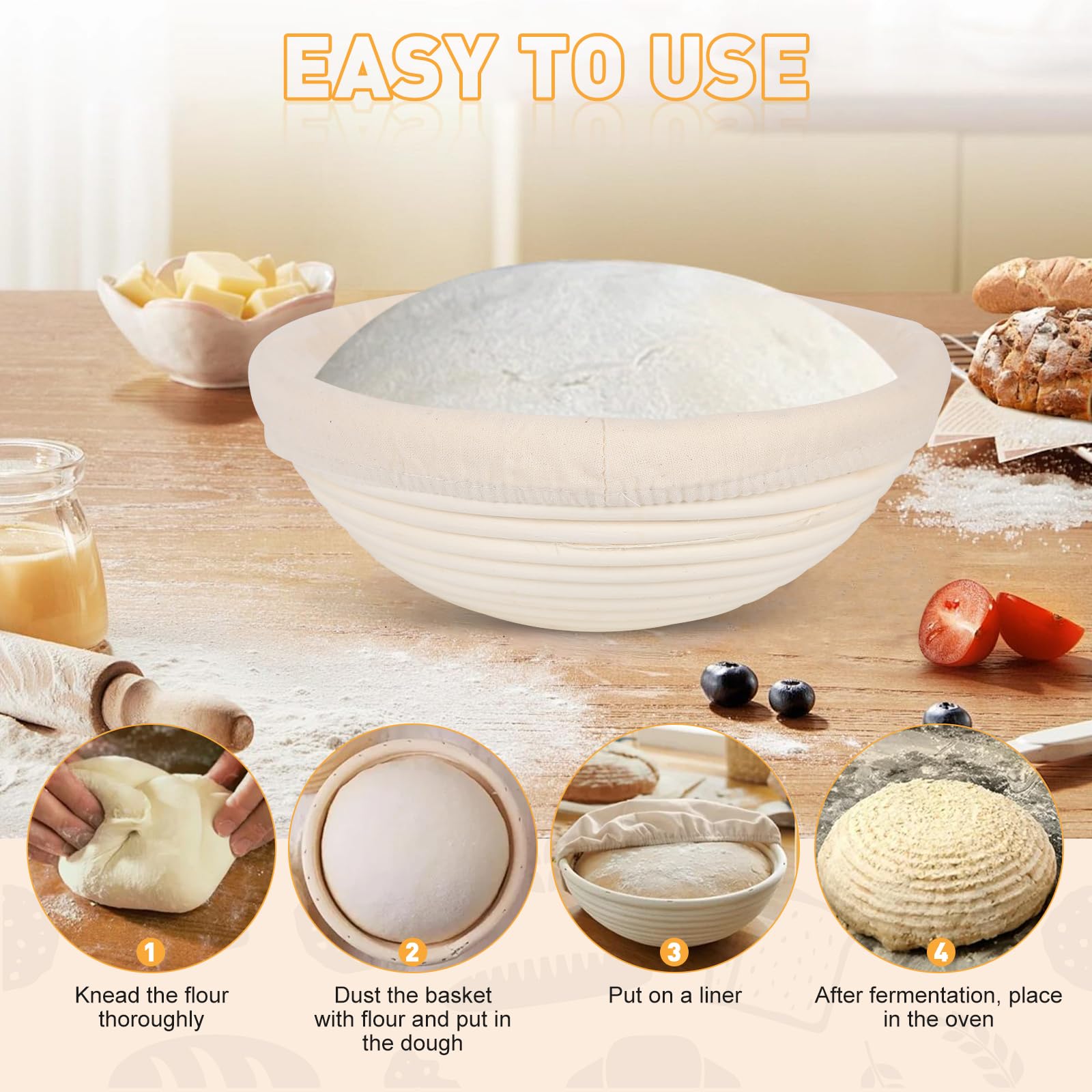 Banneton Brotgärkorb, Brotgärkörbe, ovaler Sauerteig-Banneton-Korb, Sauerteig-Gärkörbchen mit Tuch für Backen, Gärung, Lebensmittelaufbewahrungswerkzeuge (rund, 21,6 cm)