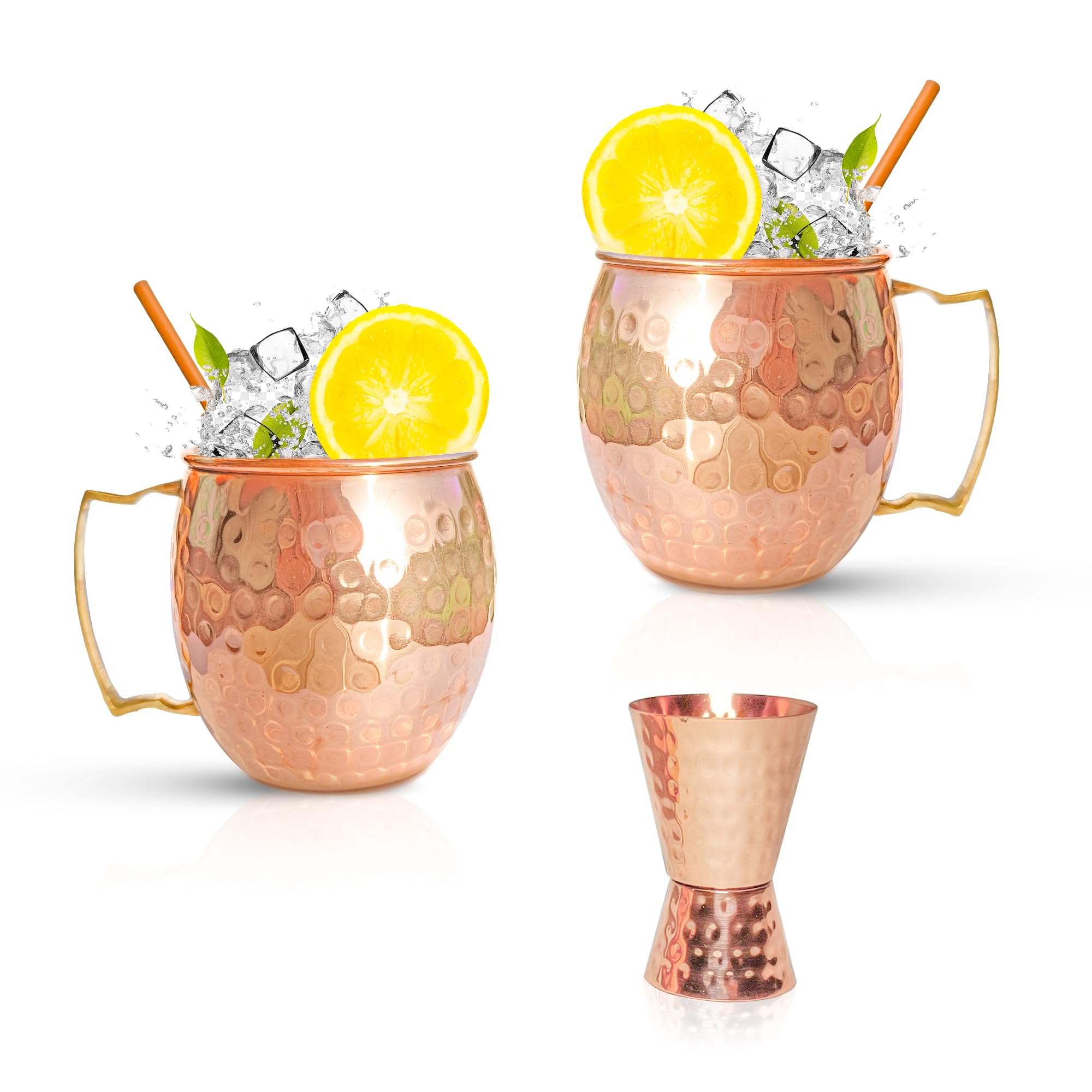 NOVALIX Moscow Mule Copper Mugs | Set of 2 Hammered Cups with Straw and Copper Jigger, 100% Pure Copper Mugs, Smooth Rounded Lip