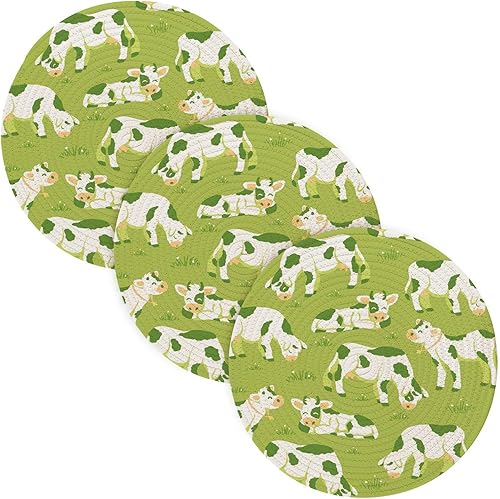 3 Pcs Large Trivet Mat Cows on Field Pattern for Hot Dishes 15in Cotton Thread Weave Heat Resistant Pad for Crock Pot House Decor