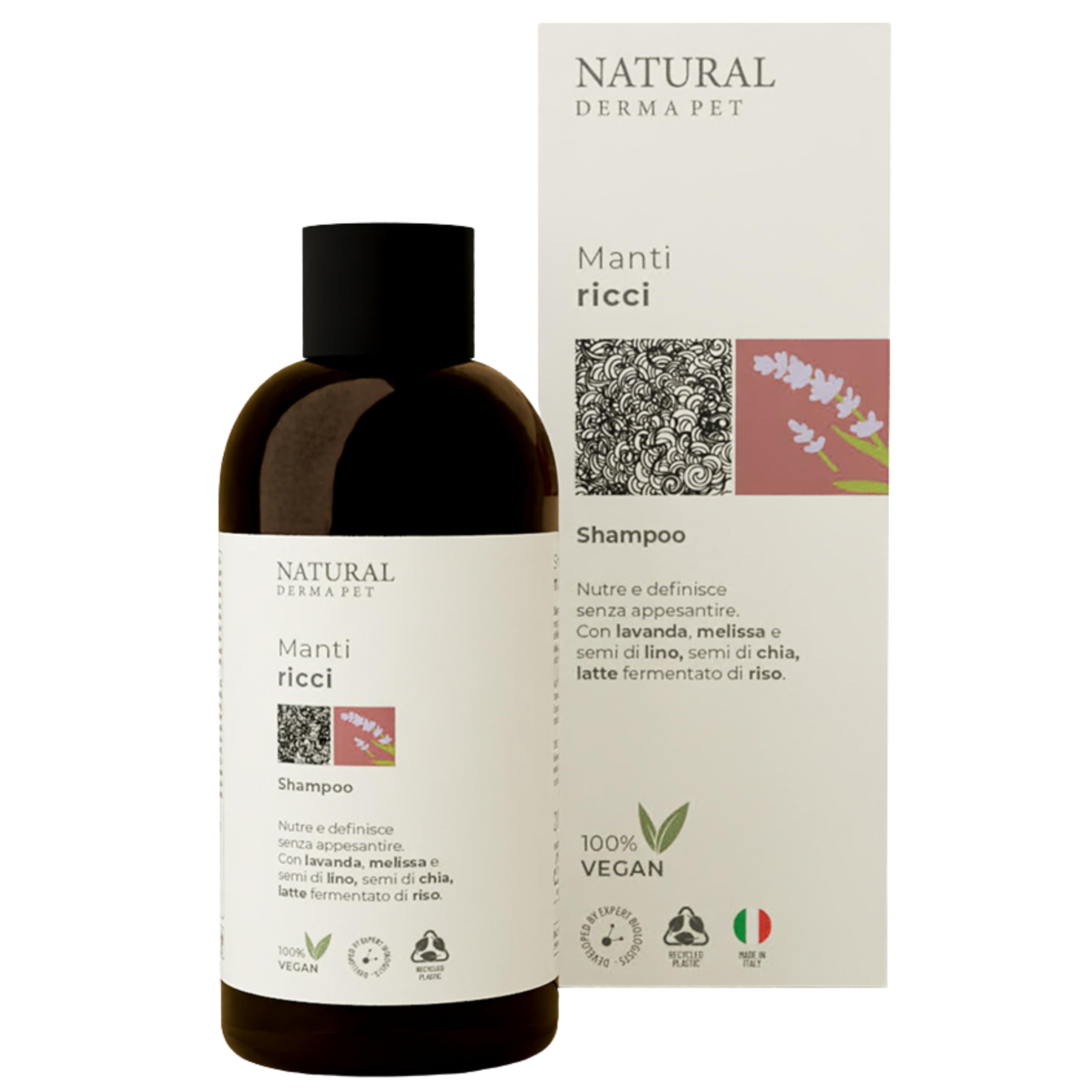 Natural Derma Pet Shampoo per Cani Pelo Riccio – Azione Nutriente e Definizione Senza Appesantire – Con Lavanda, Melissa, Semi di Lino e Chia – 200 ml – Made in Italy – 100% Vegan