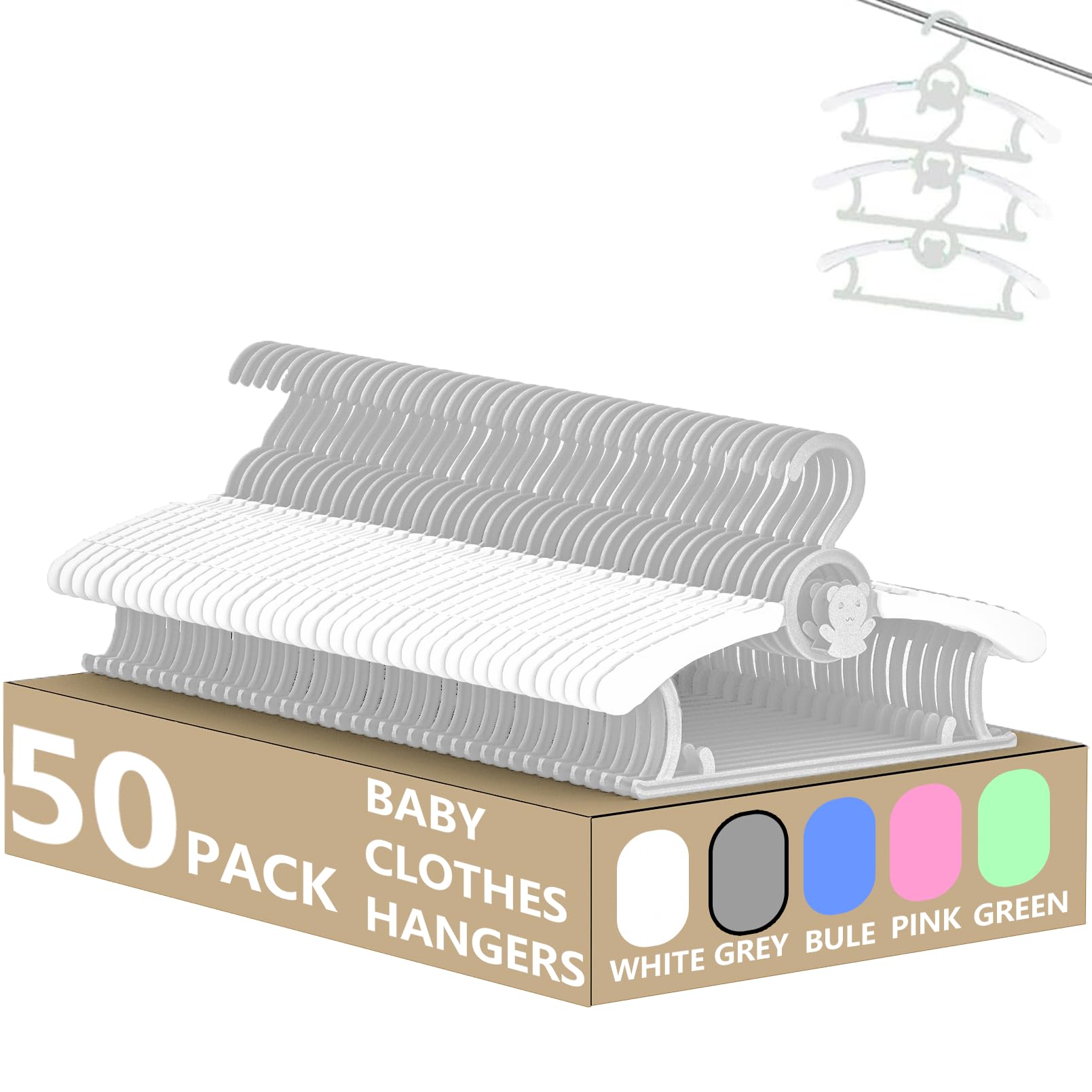 HGYZE Kid Hangers for Closet 50pcs, Grey Infant Clothes Hanger 11-14" Adjustable Plastic Baby Coat Perchas with Bear Hook, Non-Slip Children Outfit Hangars for Girl Boy Toddler Newborn Teen Clothing — image 1