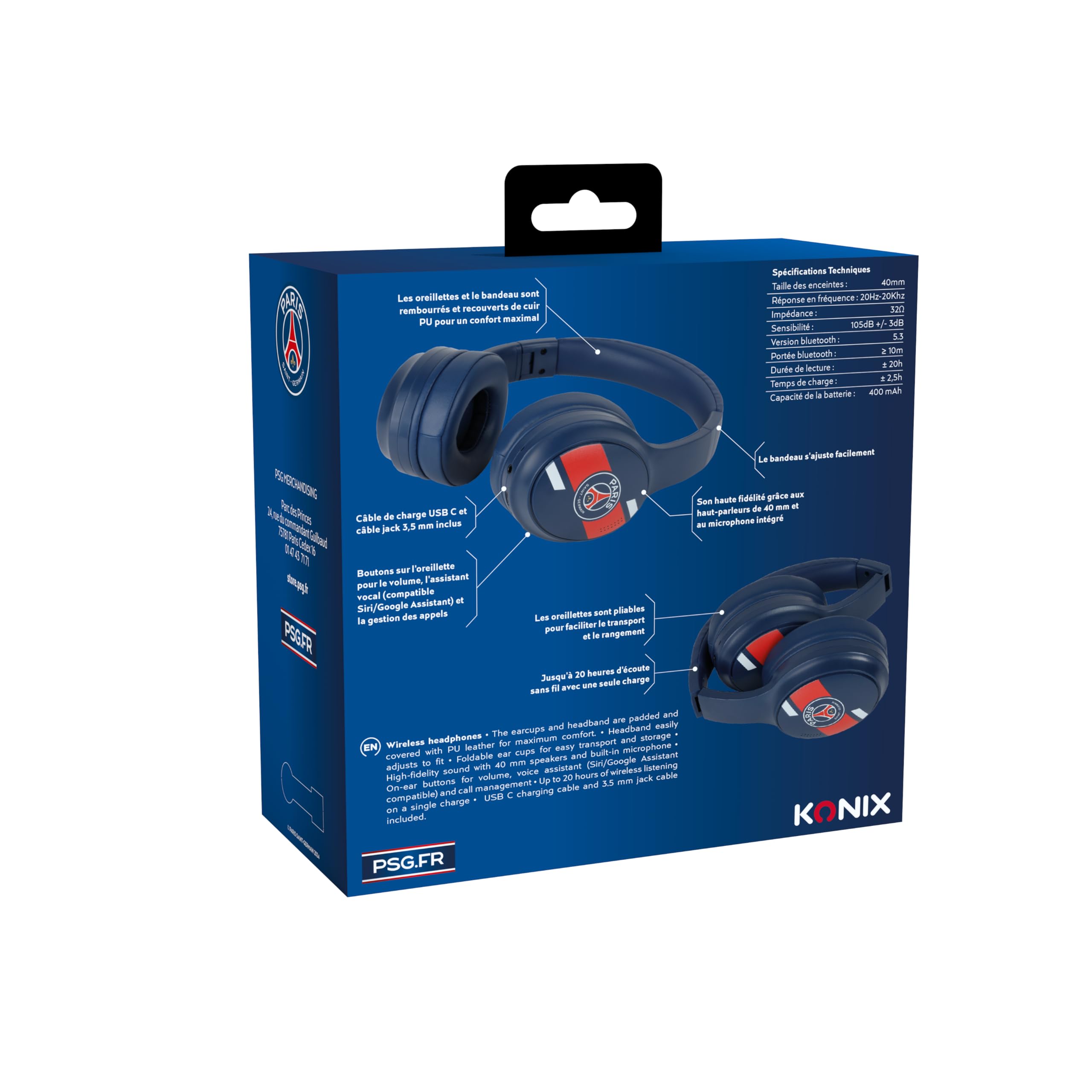 Konix PSG Casque Audio sans Fil Bluetooth 5.3 PC, Smartphones, tablettes - Microphone - Autonomie 25 h - Câble Jack 3,5 mm - Bleu