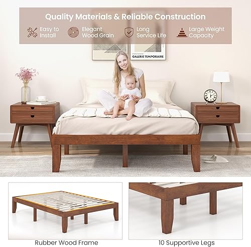 Miniatura 21 de KOMFOTT Base de cama de plataforma de madera de 14 pulgadas, tamaño individual, base de colchón de madera con marco de madera de goma, fuerte Marrón